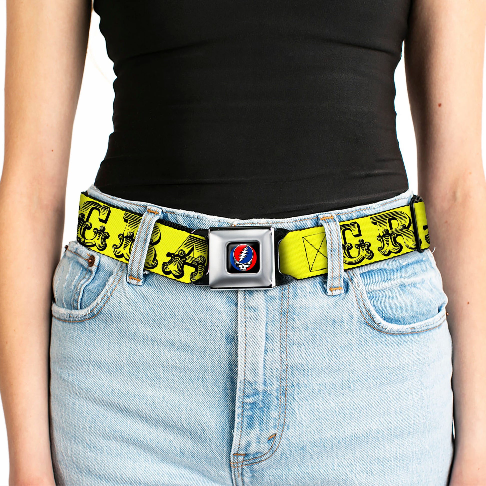Steal Your Face Seatbelt Belt - Grateful Dead Text w/Skull & Roses Yellow Webbing Seatbelt Belts Grateful Dead