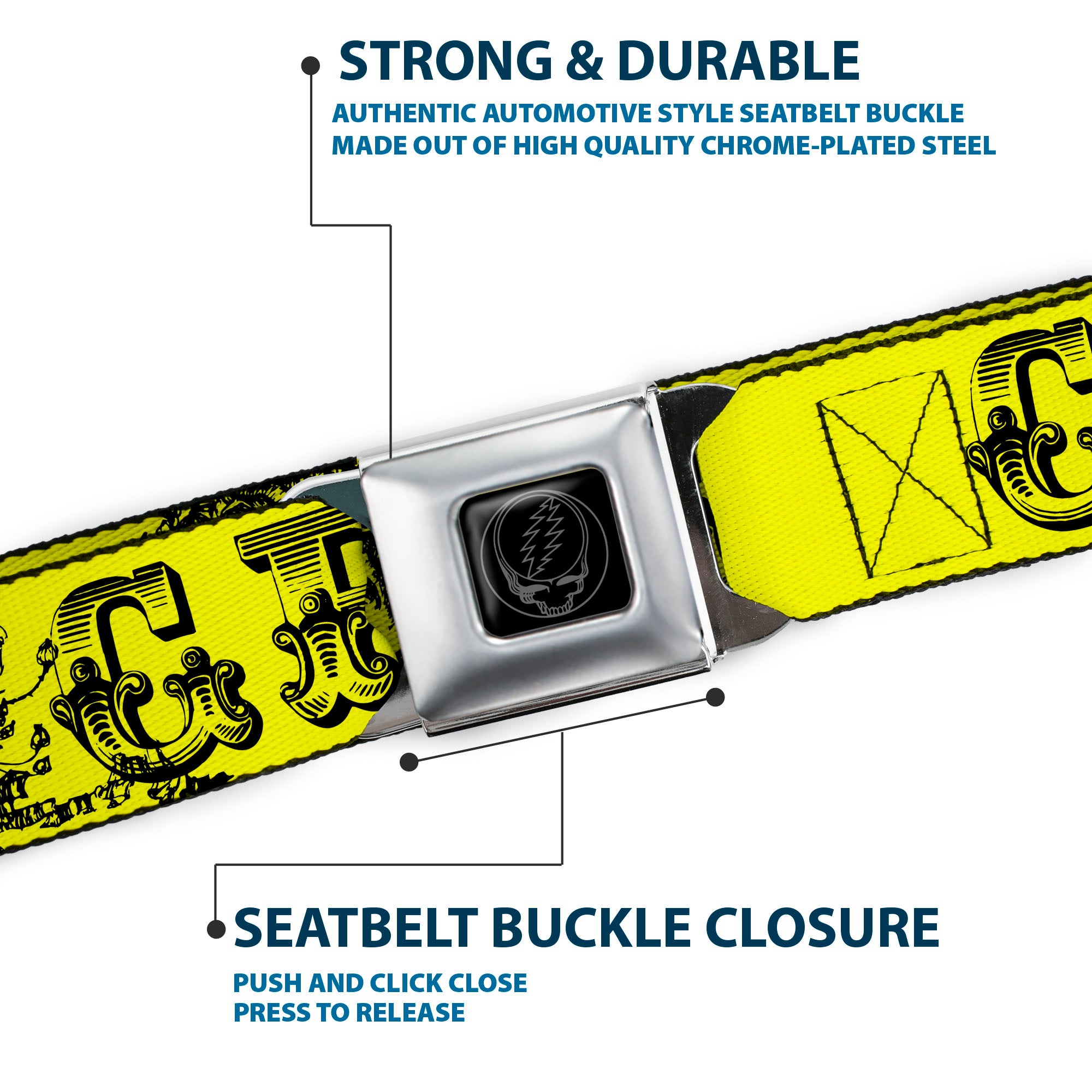 Steal Your Face Seatbelt Belt - Grateful Dead Text w/Skull & Roses Yellow Webbing Seatbelt Belts Grateful Dead
