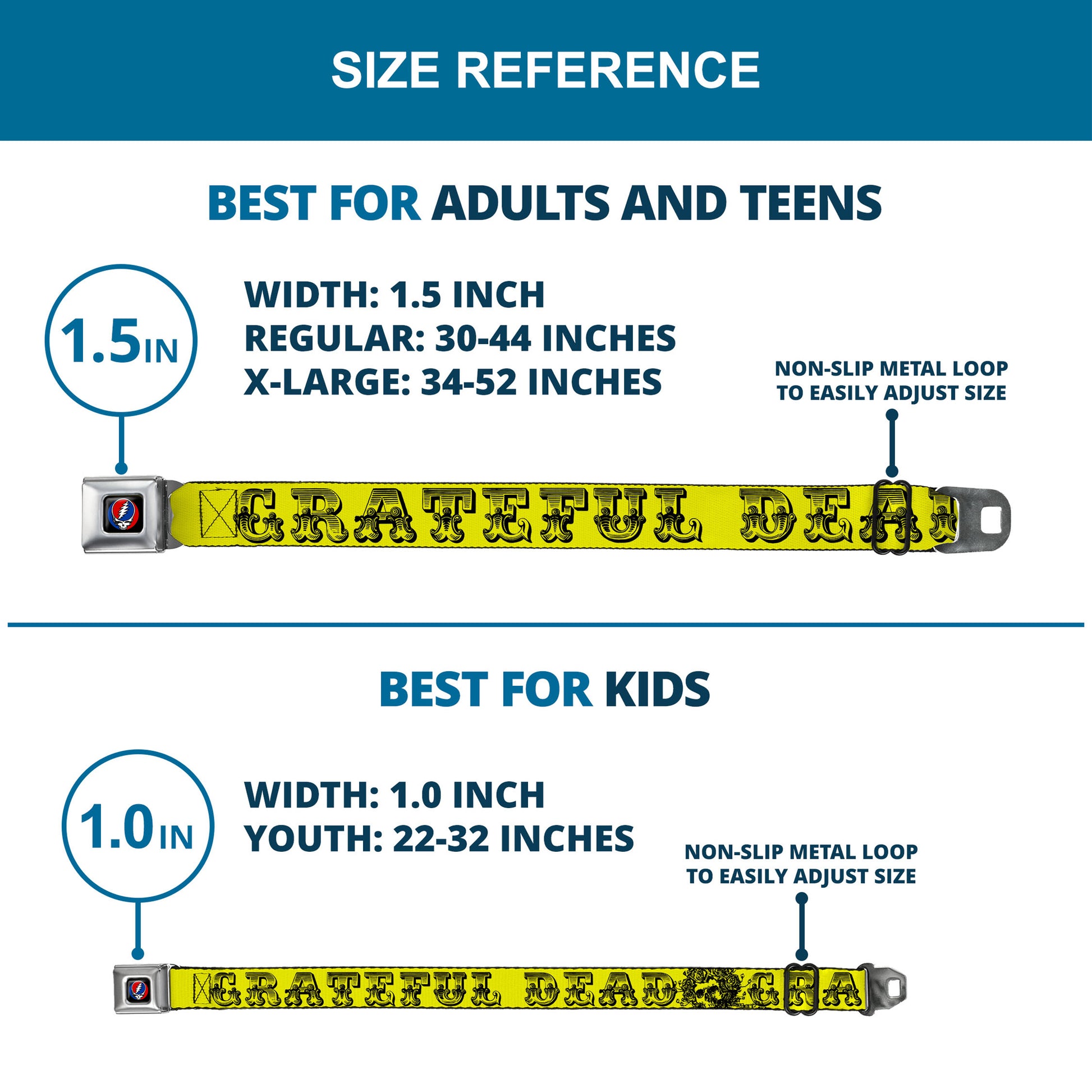 Steal Your Face Seatbelt Belt - Grateful Dead Text w/Skull & Roses Yellow Webbing Seatbelt Belts Grateful Dead