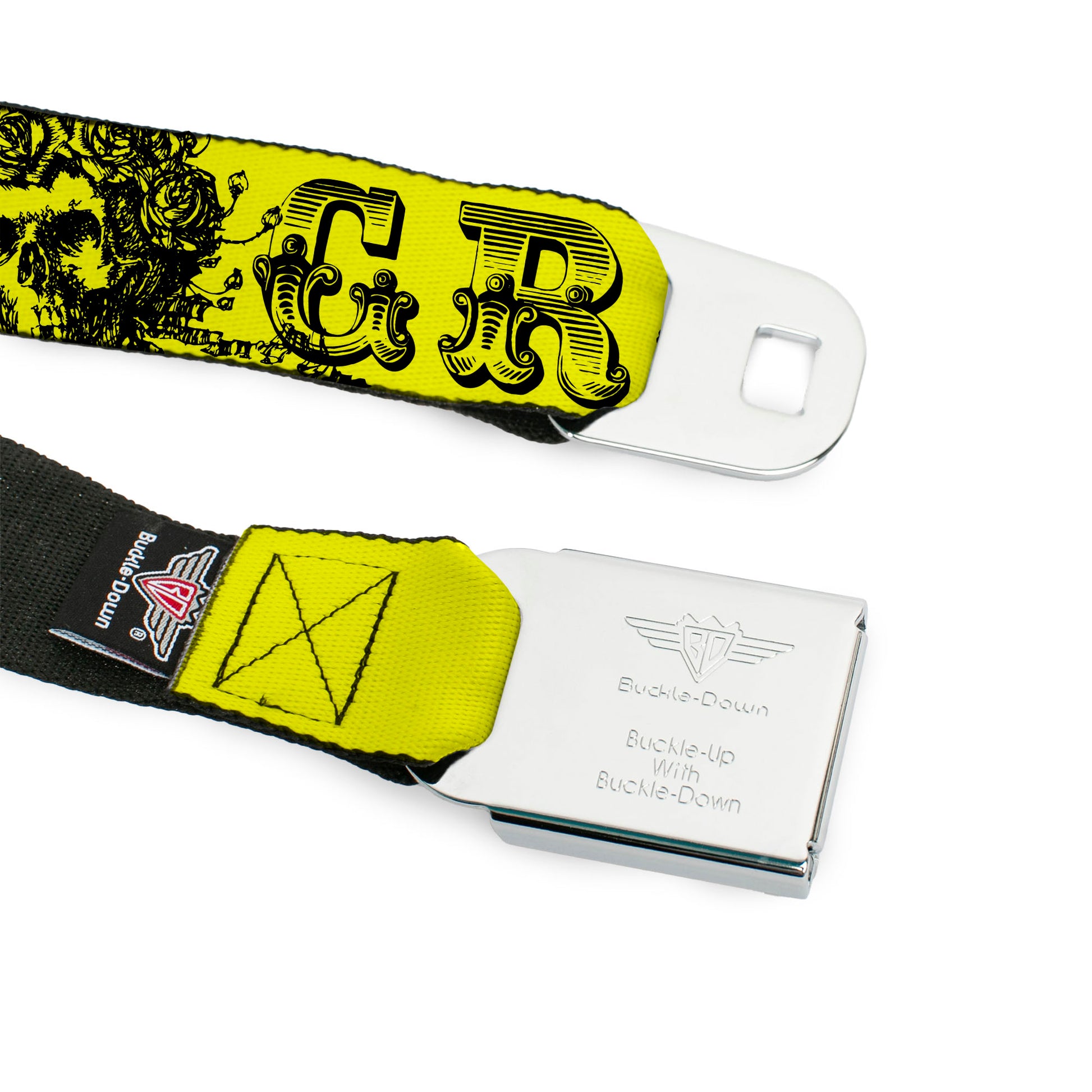 Steal Your Face Seatbelt Belt - Grateful Dead Text w/Skull & Roses Yellow Webbing Seatbelt Belts Grateful Dead