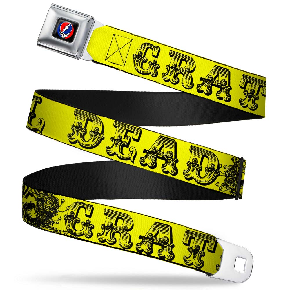 Steal Your Face Seatbelt Belt - Grateful Dead Text w/Skull & Roses Yellow Webbing Seatbelt Belts Grateful Dead