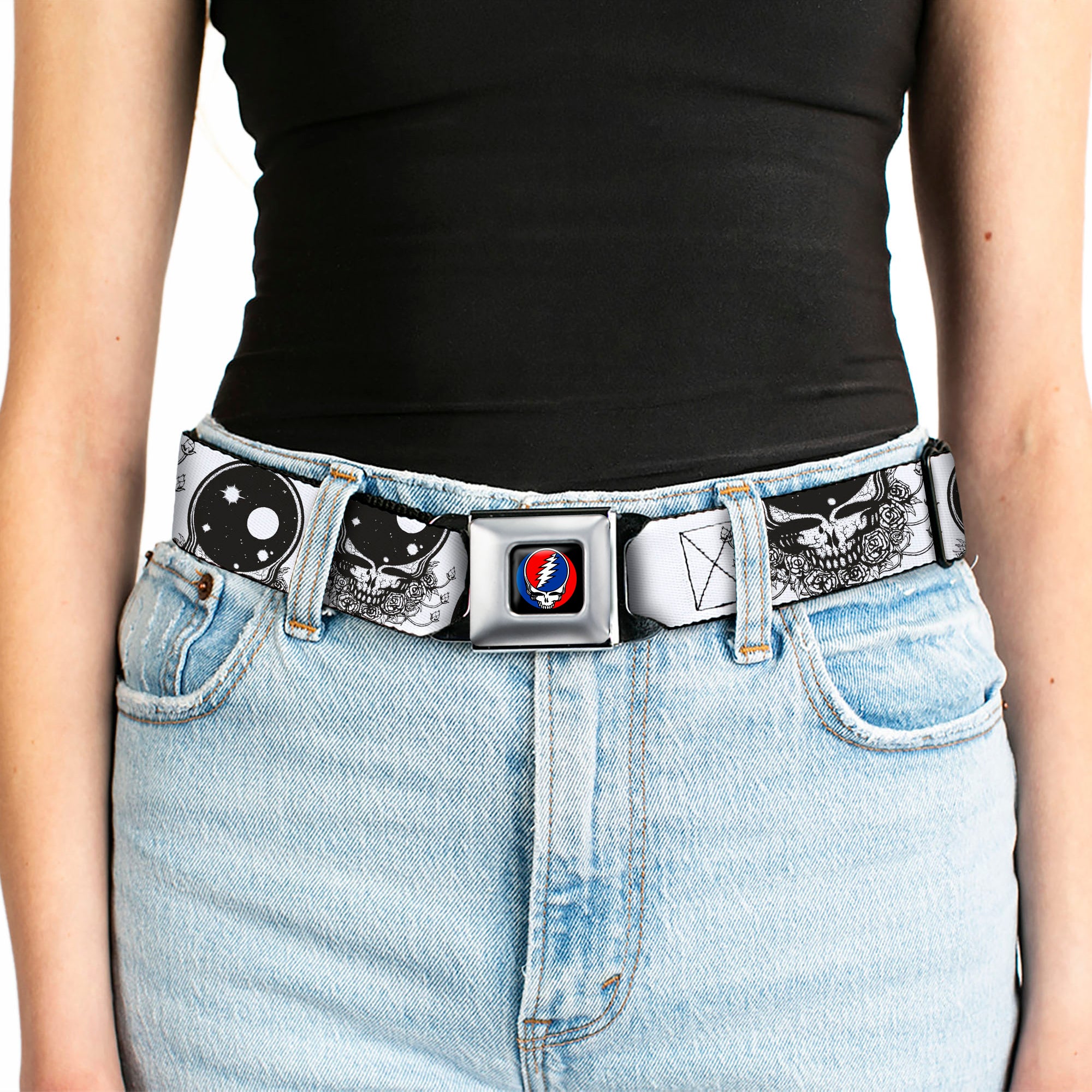 Steal Your Face Seatbelt Belt - Space Your Face White/Black Webbing Seatbelt Belts Grateful Dead