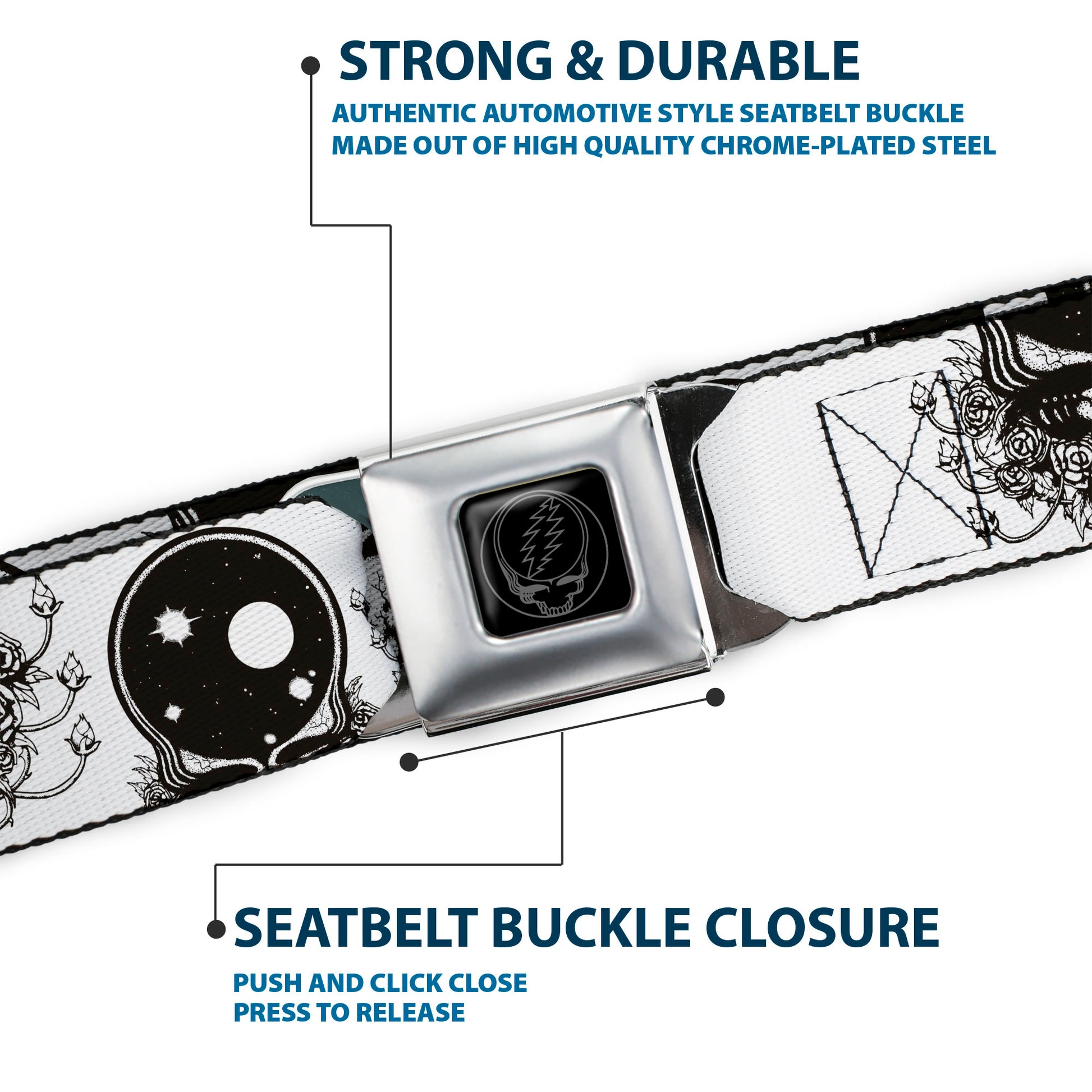 Steal Your Face Seatbelt Belt - Space Your Face White/Black Webbing Seatbelt Belts Grateful Dead