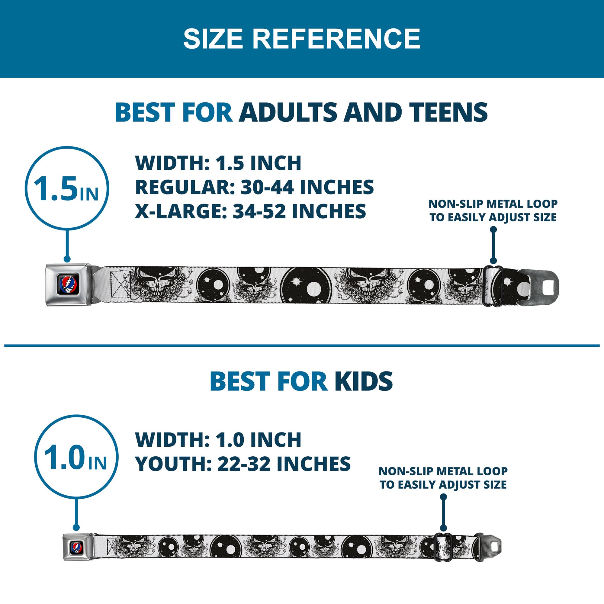 Steal Your Face Seatbelt Belt - Space Your Face White/Black Webbing Seatbelt Belts Grateful Dead