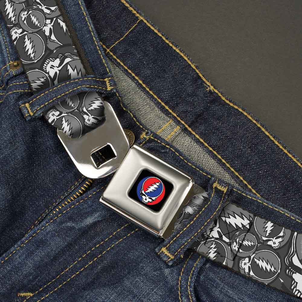Steal Your Face Seatbelt Belt - Steal Your Face Stacked Gray Webbing Seatbelt Belts Grateful Dead