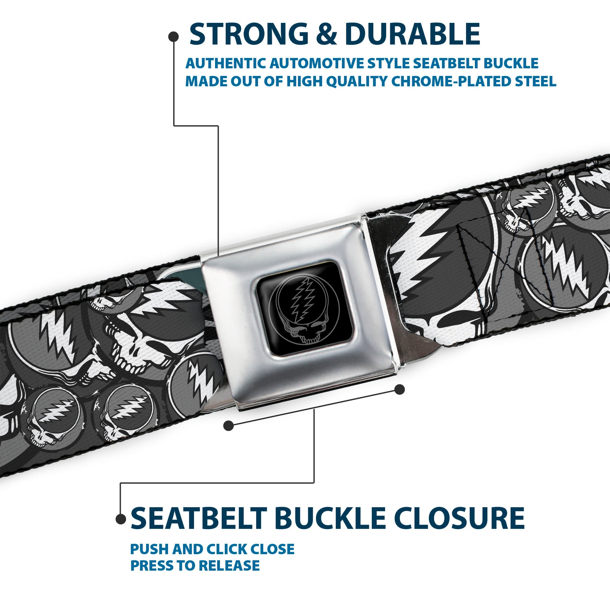 Steal Your Face Seatbelt Belt - Steal Your Face Stacked Gray Webbing Seatbelt Belts Grateful Dead