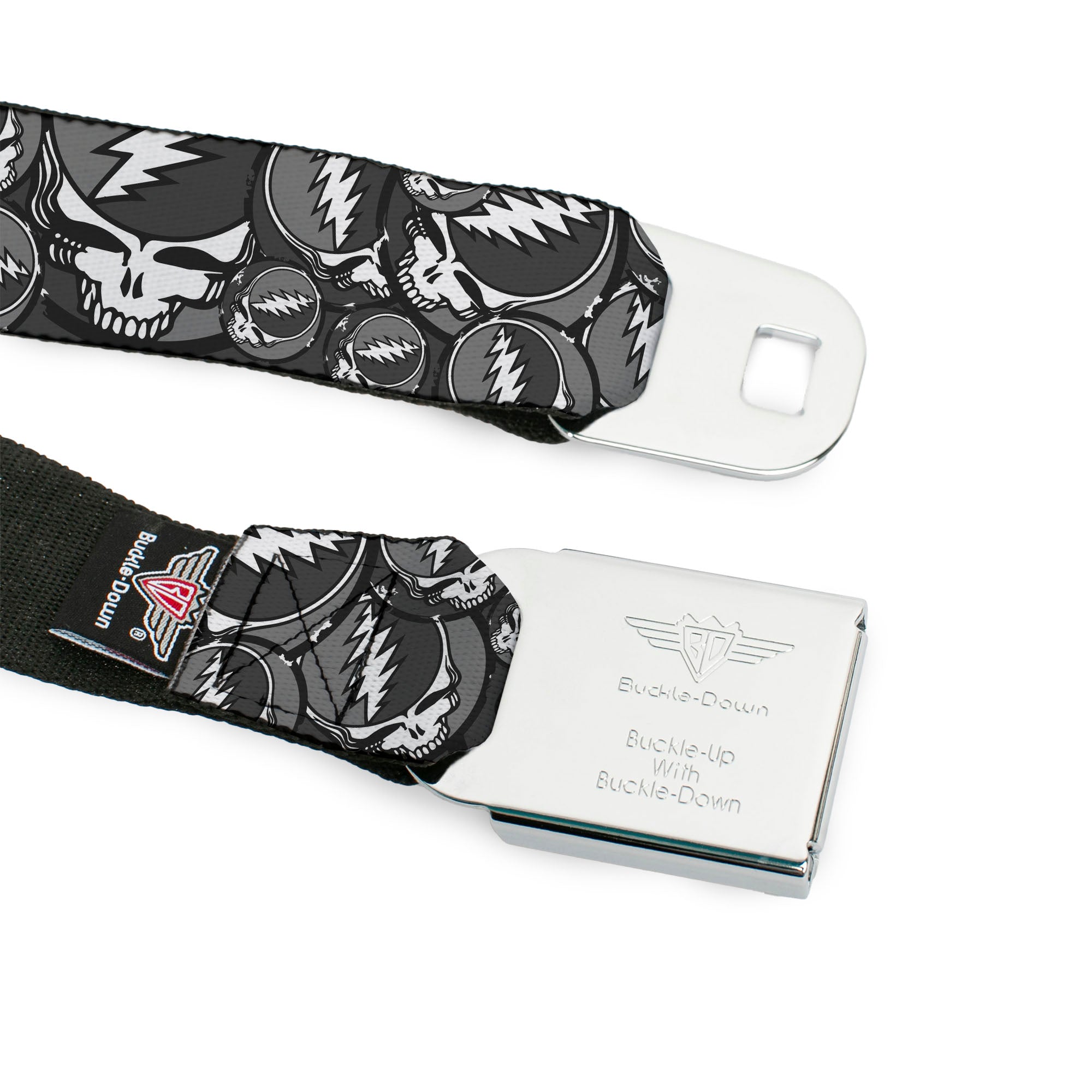 Steal Your Face Seatbelt Belt - Steal Your Face Stacked Gray Webbing Seatbelt Belts Grateful Dead