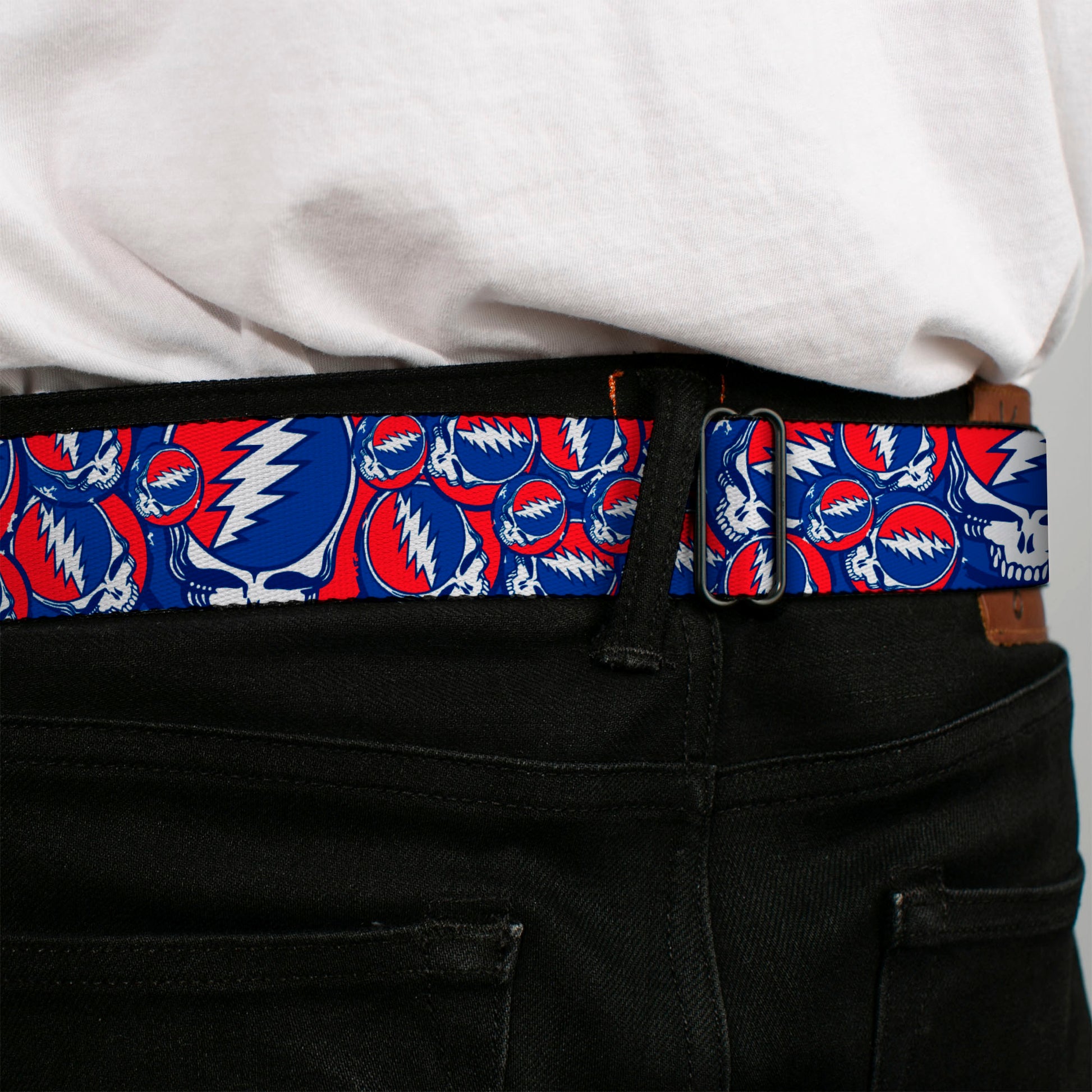 Steal Your Face Seatbelt Belt - Steal Your Face Stacked Red/White/Blue Webbing Seatbelt Belts Grateful Dead