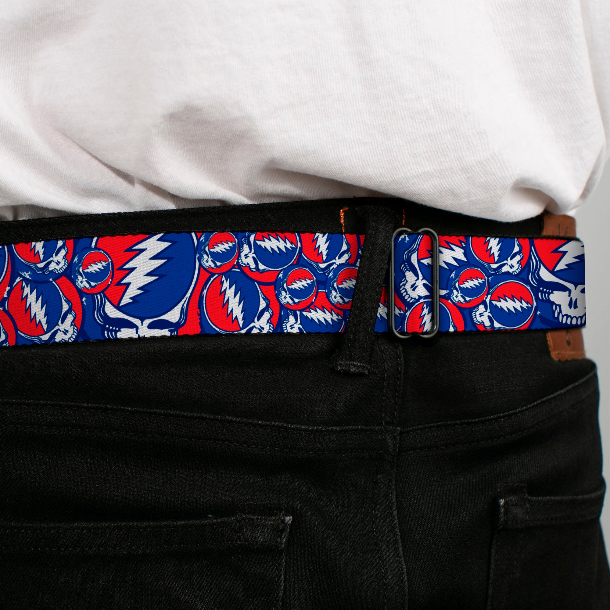 Steal Your Face Seatbelt Belt - Steal Your Face Stacked Red/White/Blue Webbing Seatbelt Belts Grateful Dead