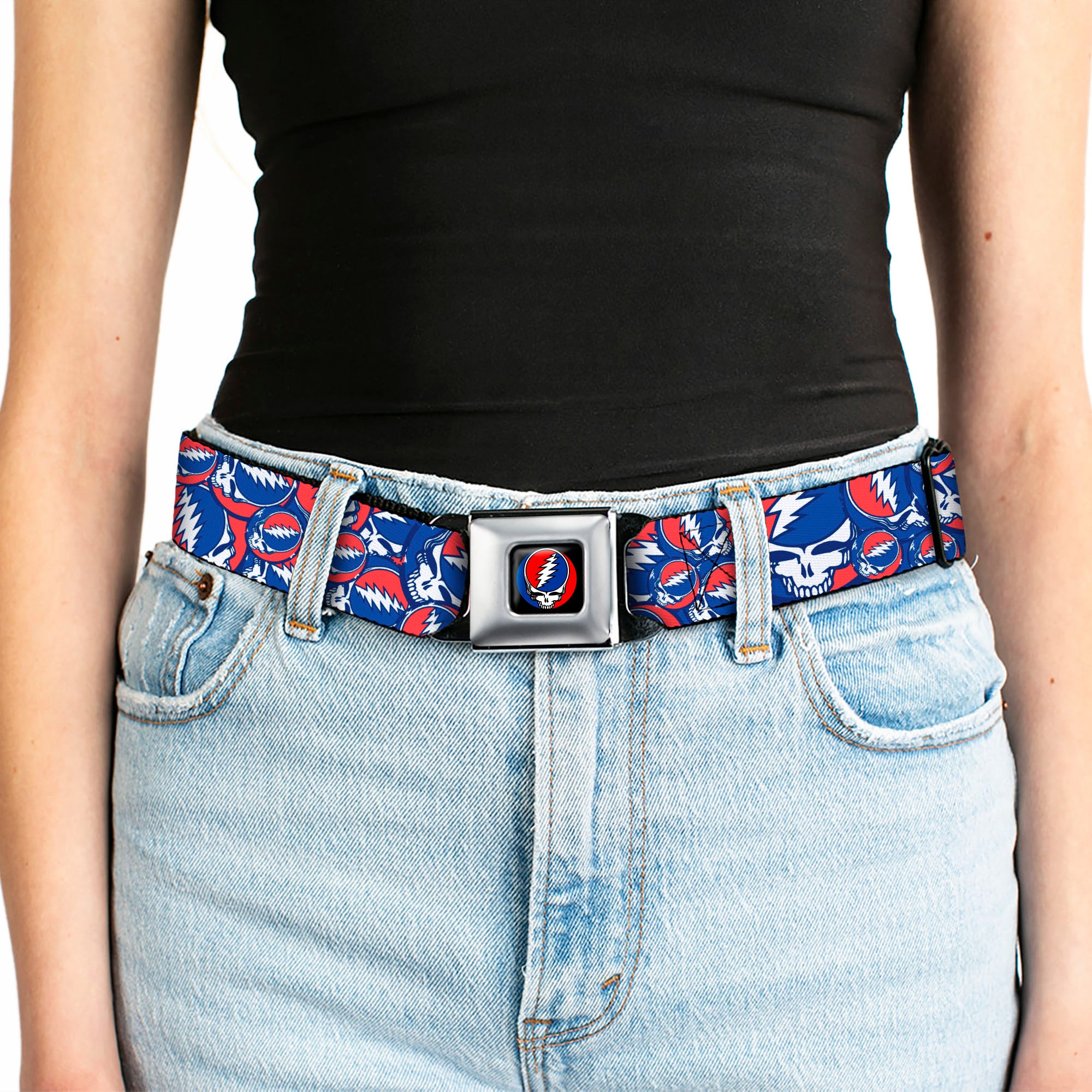 Steal Your Face Seatbelt Belt - Steal Your Face Stacked Red/White/Blue Webbing Seatbelt Belts Grateful Dead