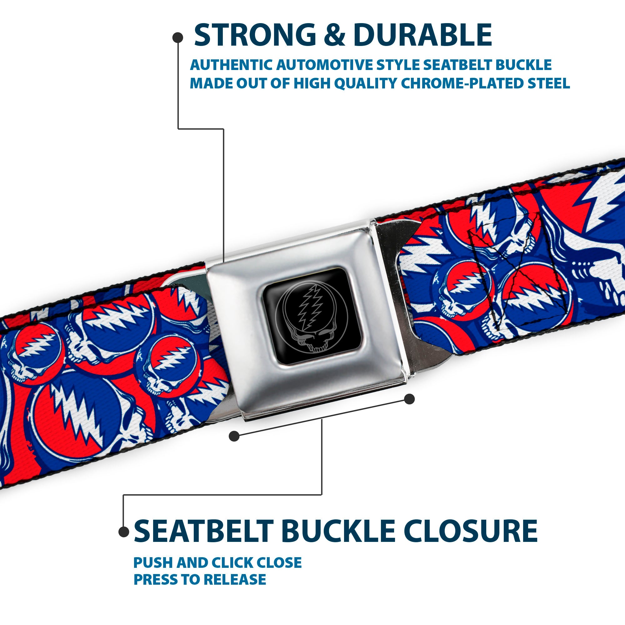 Steal Your Face Seatbelt Belt - Steal Your Face Stacked Red/White/Blue Webbing Seatbelt Belts Grateful Dead