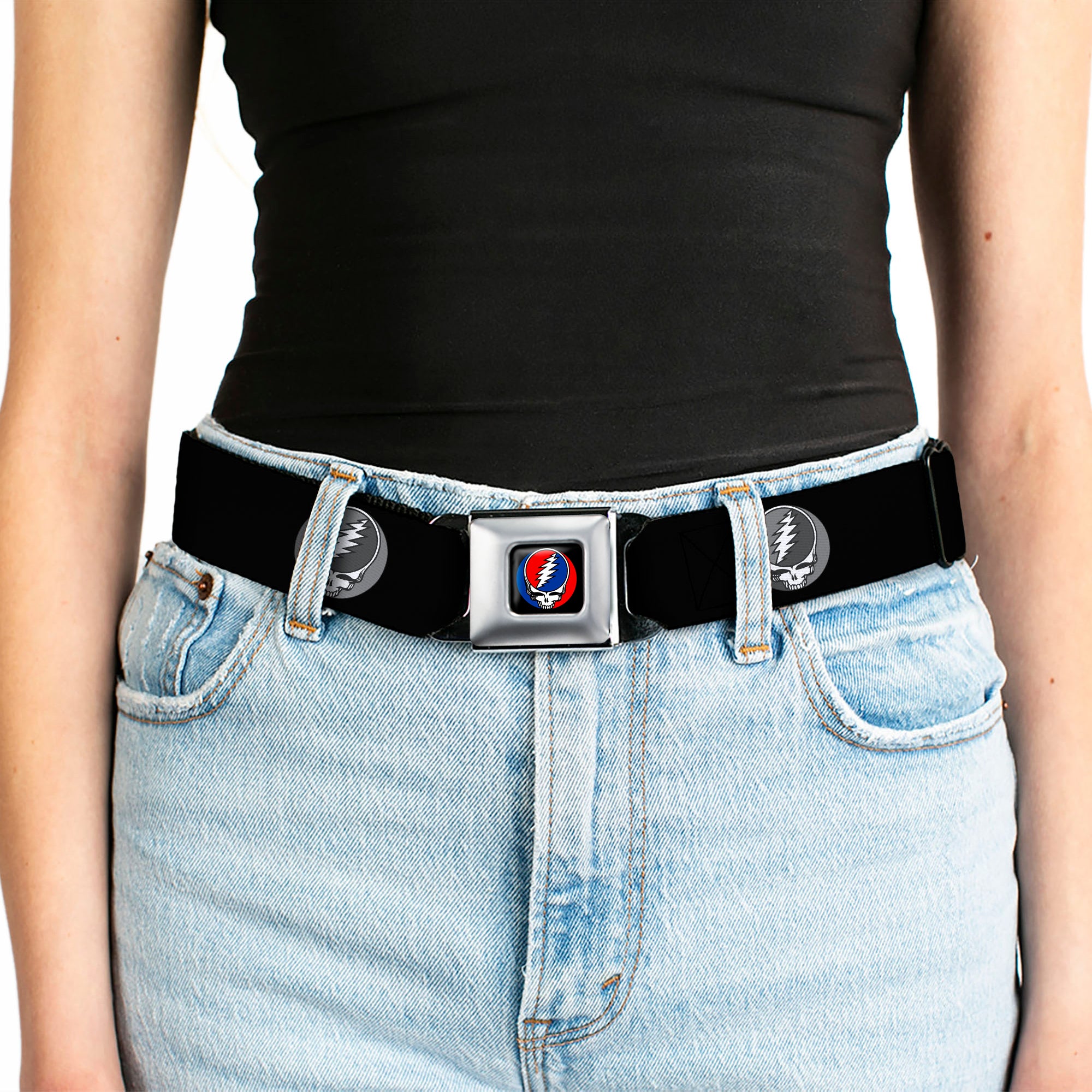 Steal Your Face Seatbelt Belt - Steal Your Face Repeat Black/Gray Webbing Seatbelt Belts Grateful Dead