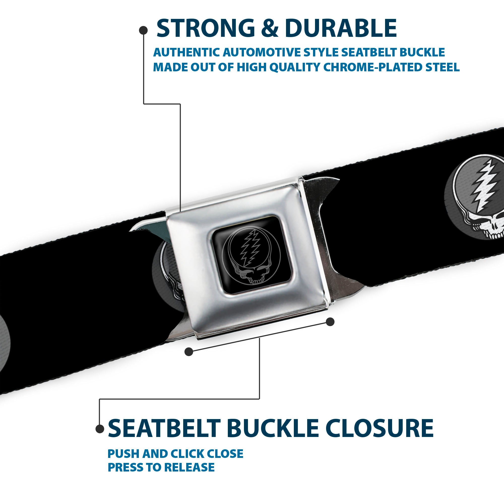 Steal Your Face Seatbelt Belt - Steal Your Face Repeat Black/Gray Webbing Seatbelt Belts Grateful Dead