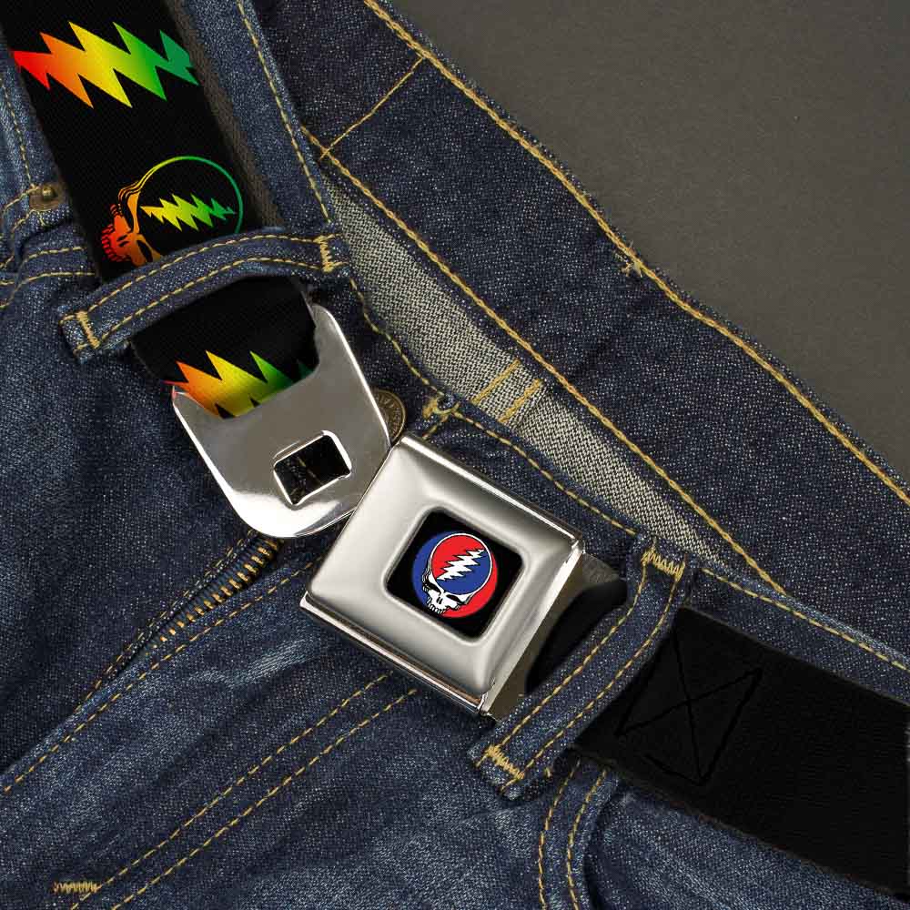Steal Your Face Seatbelt Belt - Steal Your Face w/Lightning Bolt Repeat Black/Rasta Webbing Seatbelt Belts Grateful Dead