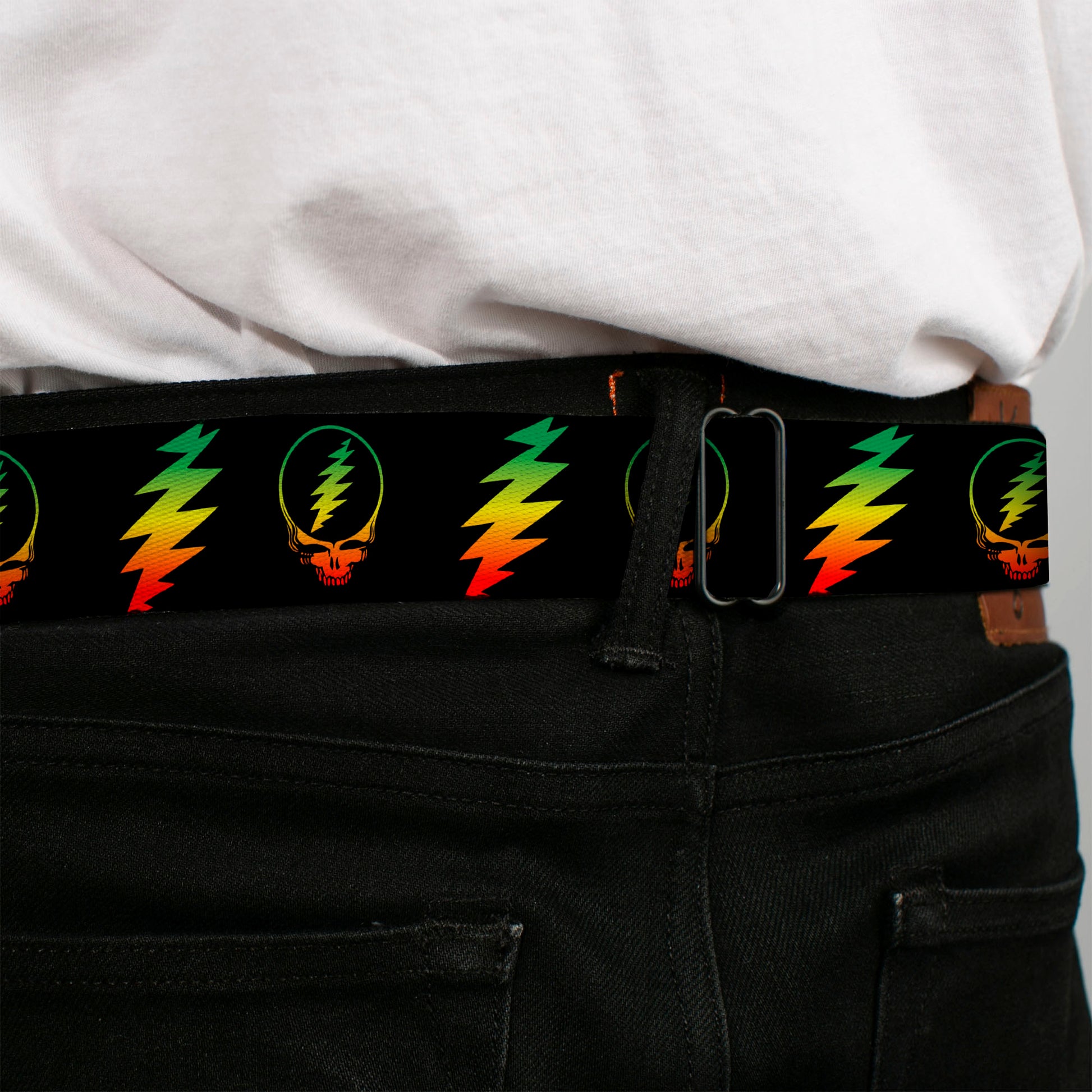 Steal Your Face Seatbelt Belt - Steal Your Face w/Lightning Bolt Repeat Black/Rasta Webbing Seatbelt Belts Grateful Dead