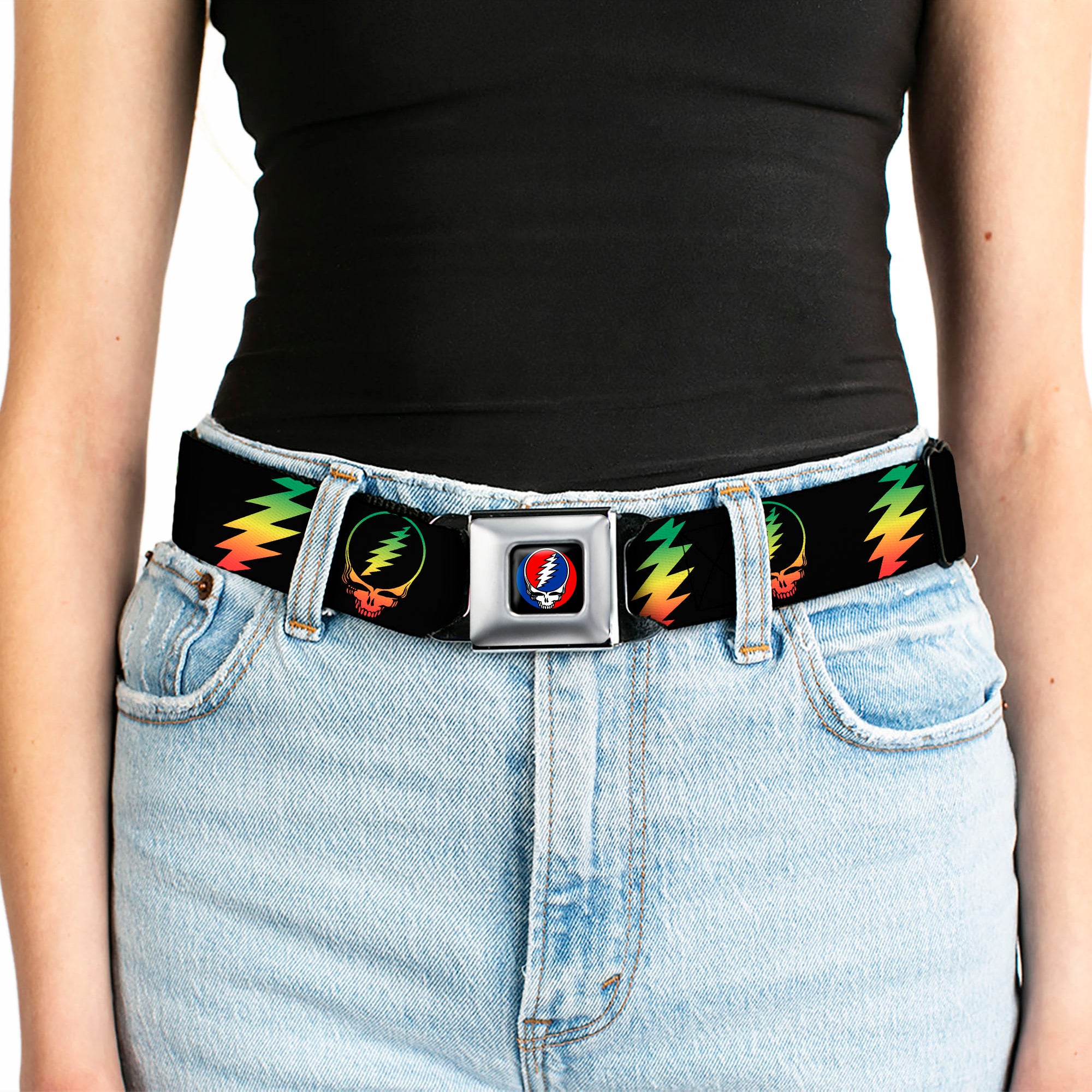 Steal Your Face Seatbelt Belt - Steal Your Face w/Lightning Bolt Repeat Black/Rasta Webbing Seatbelt Belts Grateful Dead