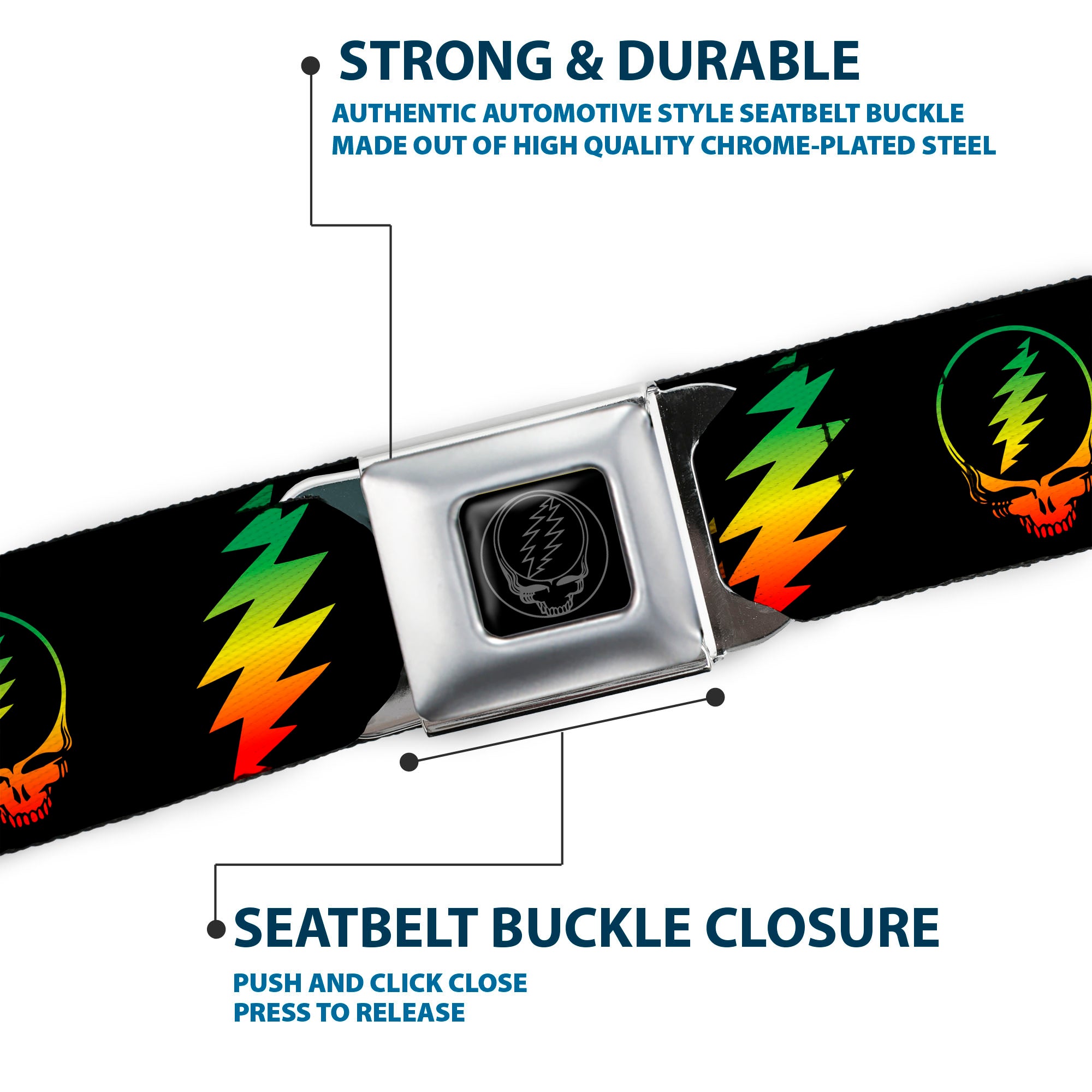Steal Your Face Seatbelt Belt - Steal Your Face w/Lightning Bolt Repeat Black/Rasta Webbing Seatbelt Belts Grateful Dead