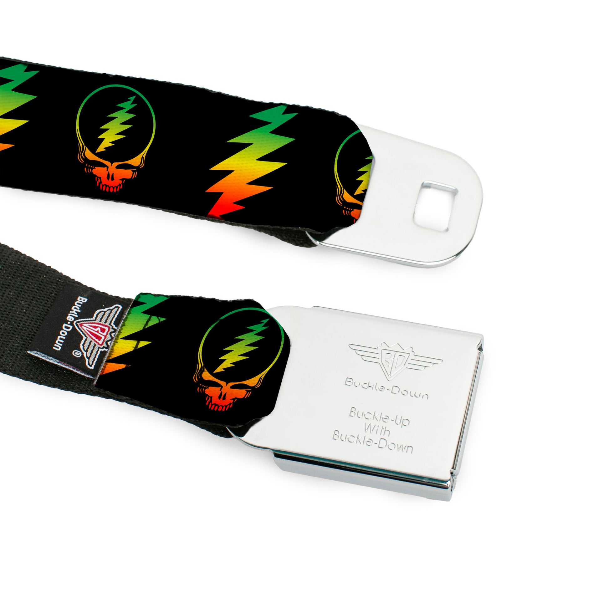 Steal Your Face Seatbelt Belt - Steal Your Face w/Lightning Bolt Repeat Black/Rasta Webbing Seatbelt Belts Grateful Dead