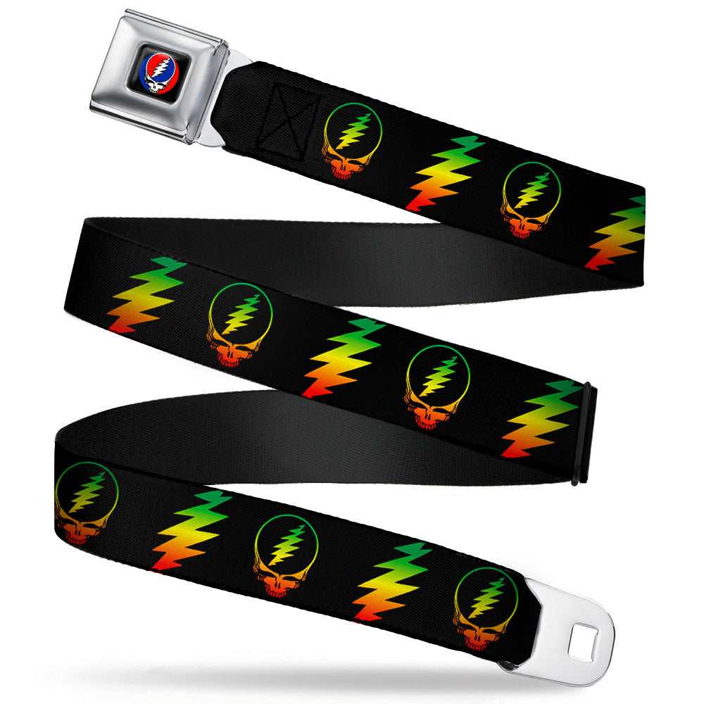 Steal Your Face Seatbelt Belt - Steal Your Face w/Lightning Bolt Repeat Black/Rasta Webbing Seatbelt Belts Grateful Dead