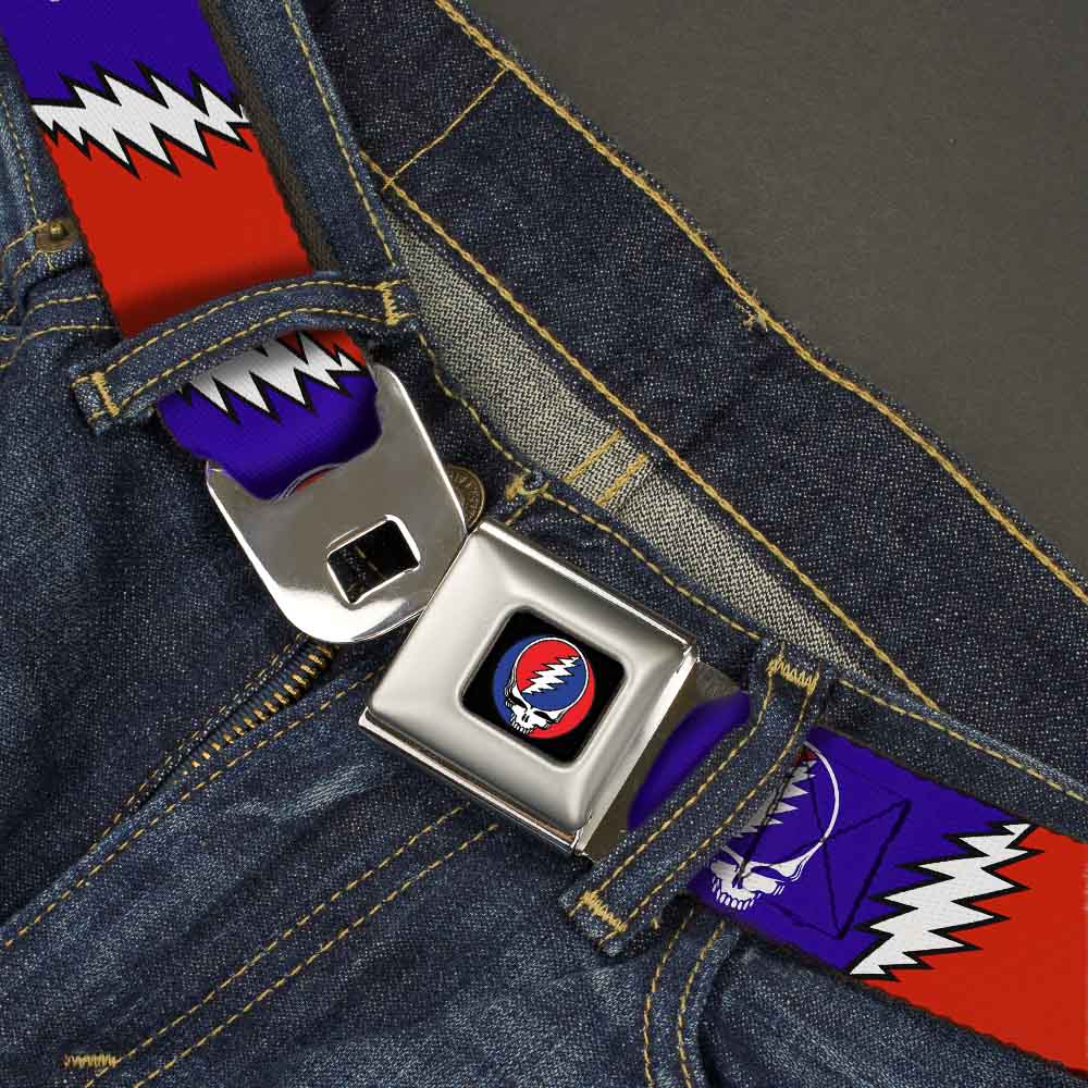 Steal Your Face Seatbelt Belt - Steal Your Face w/Lightning Bolt Repeat Red/White/Blue Webbing Seatbelt Belts Grateful Dead