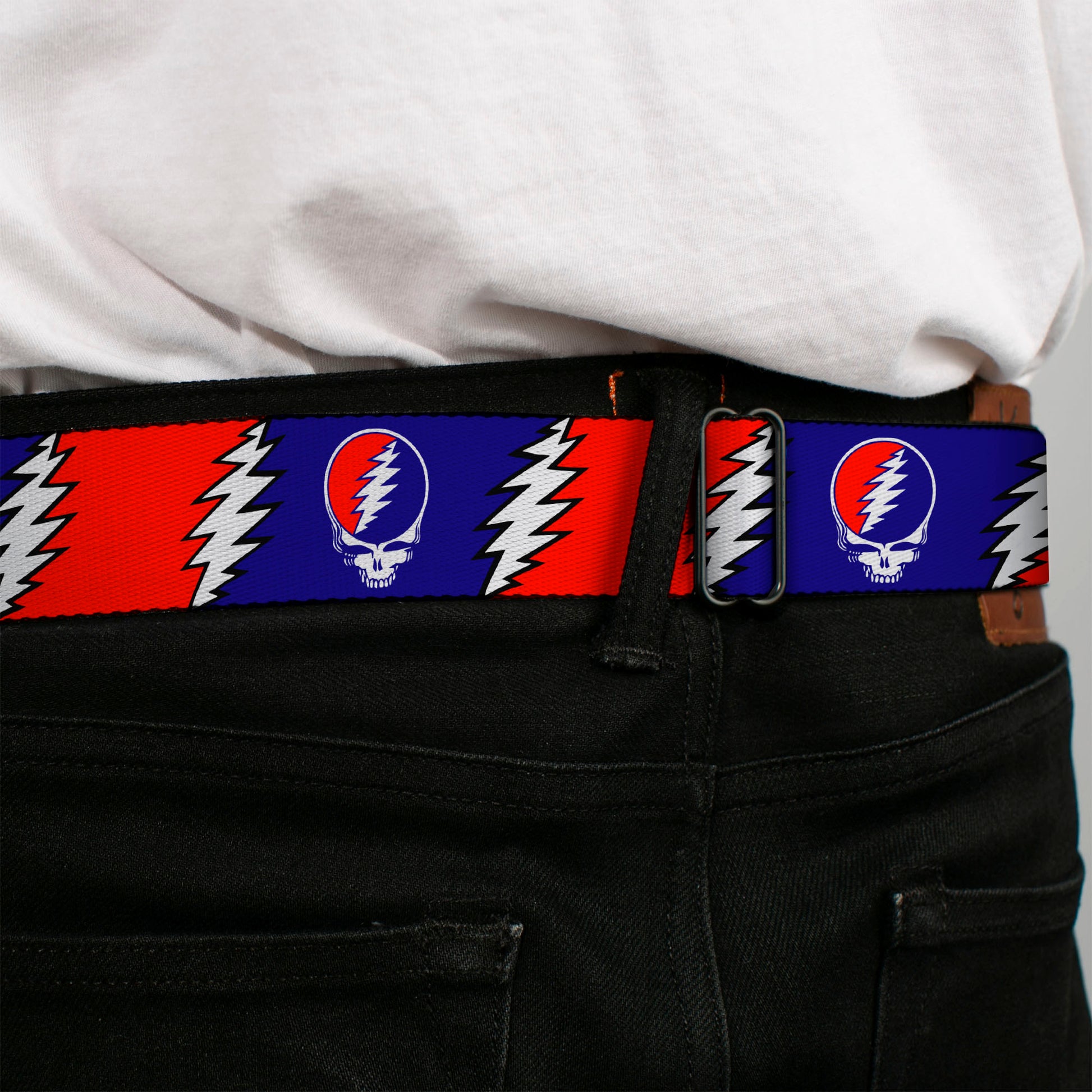 Steal Your Face Seatbelt Belt - Steal Your Face w/Lightning Bolt Repeat Red/White/Blue Webbing Seatbelt Belts Grateful Dead