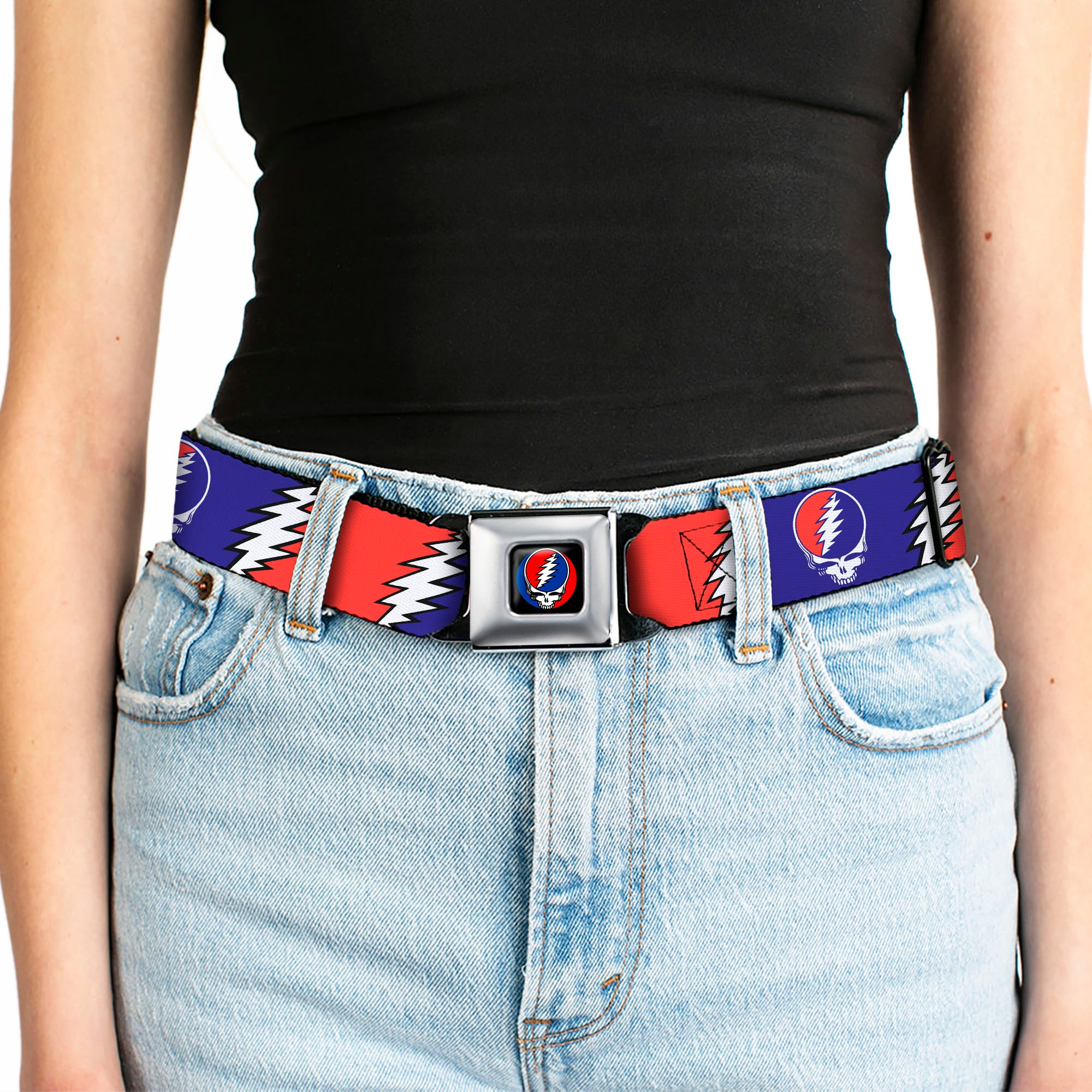Steal Your Face Seatbelt Belt - Steal Your Face w/Lightning Bolt Repeat Red/White/Blue Webbing Seatbelt Belts Grateful Dead