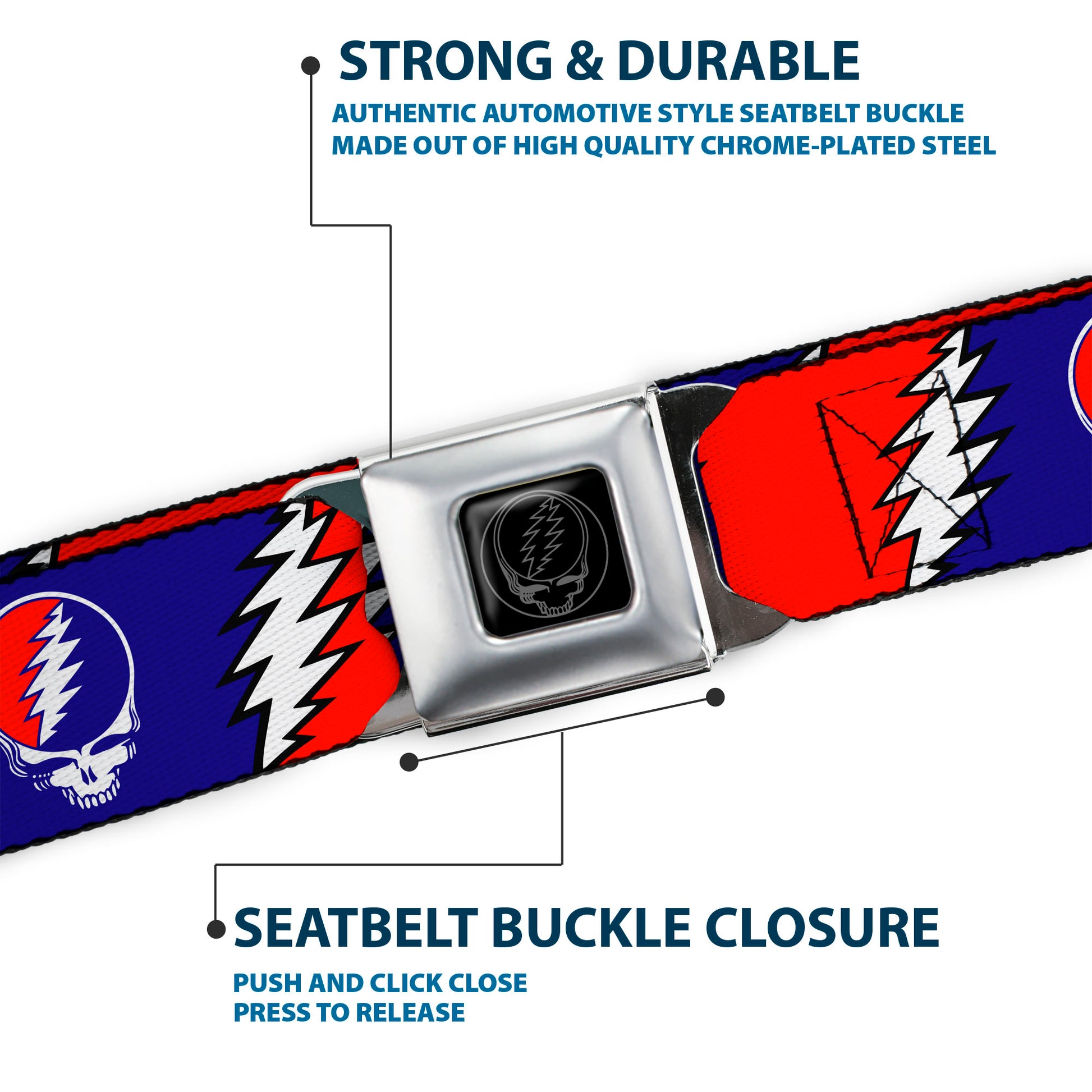 Steal Your Face Seatbelt Belt - Steal Your Face w/Lightning Bolt Repeat Red/White/Blue Webbing Seatbelt Belts Grateful Dead