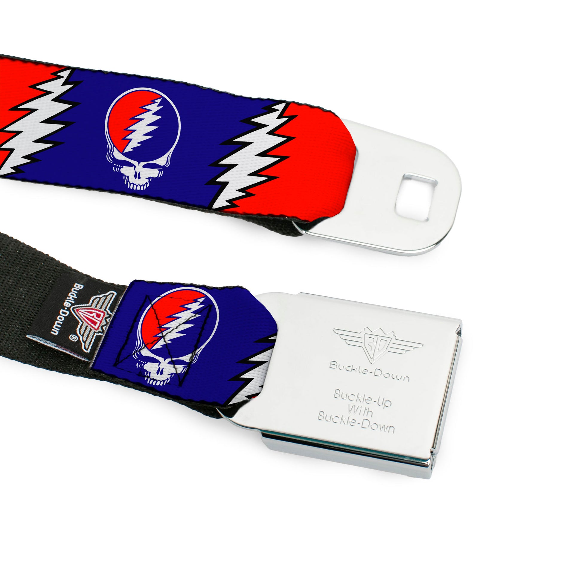 Steal Your Face Seatbelt Belt - Steal Your Face w/Lightning Bolt Repeat Red/White/Blue Webbing Seatbelt Belts Grateful Dead