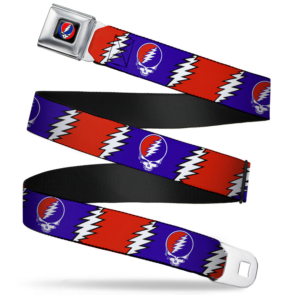 Steal Your Face Seatbelt Belt - Steal Your Face w/Lightning Bolt Repeat Red/White/Blue Webbing Seatbelt Belts Grateful Dead