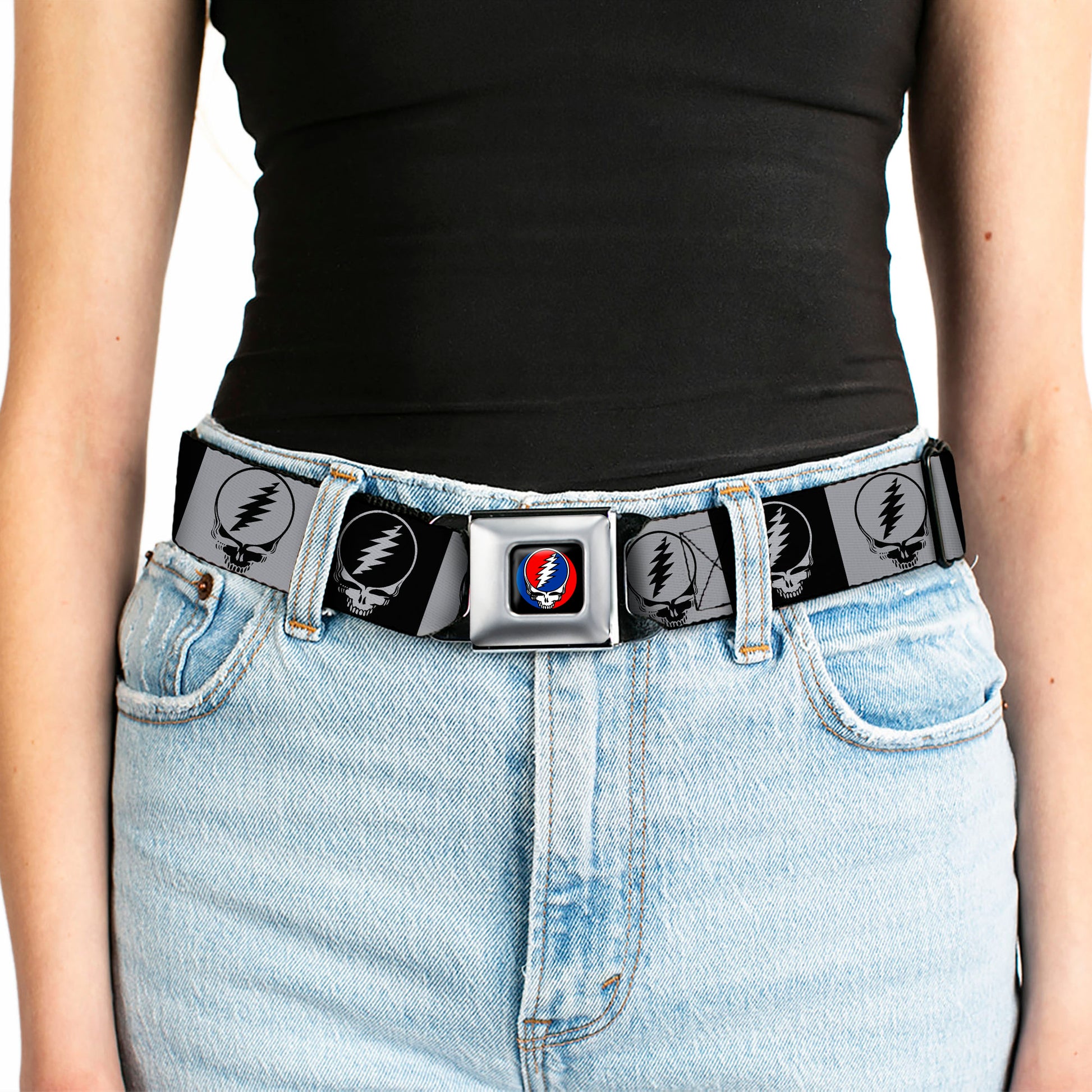 Steal Your Face Seatbelt Belt - Steal Your Face Blocks Black/White-Gray/Black Webbing Seatbelt Belts Grateful Dead