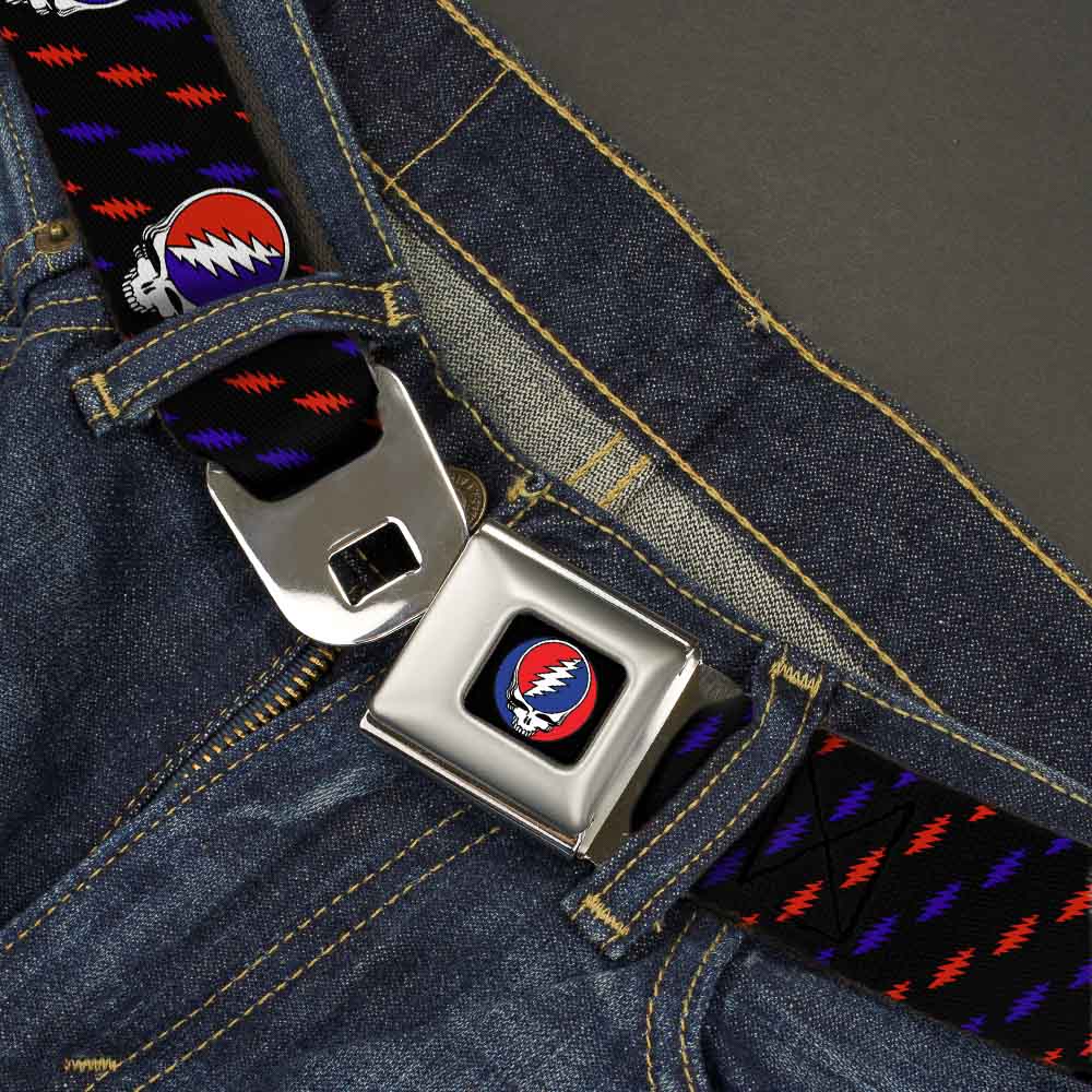 Steal Your Face Seatbelt Belt - Steal Your Face Repeat w/Mini Lightning Bolt Black/Red/White/Blue Webbing Seatbelt Belts Grateful Dead