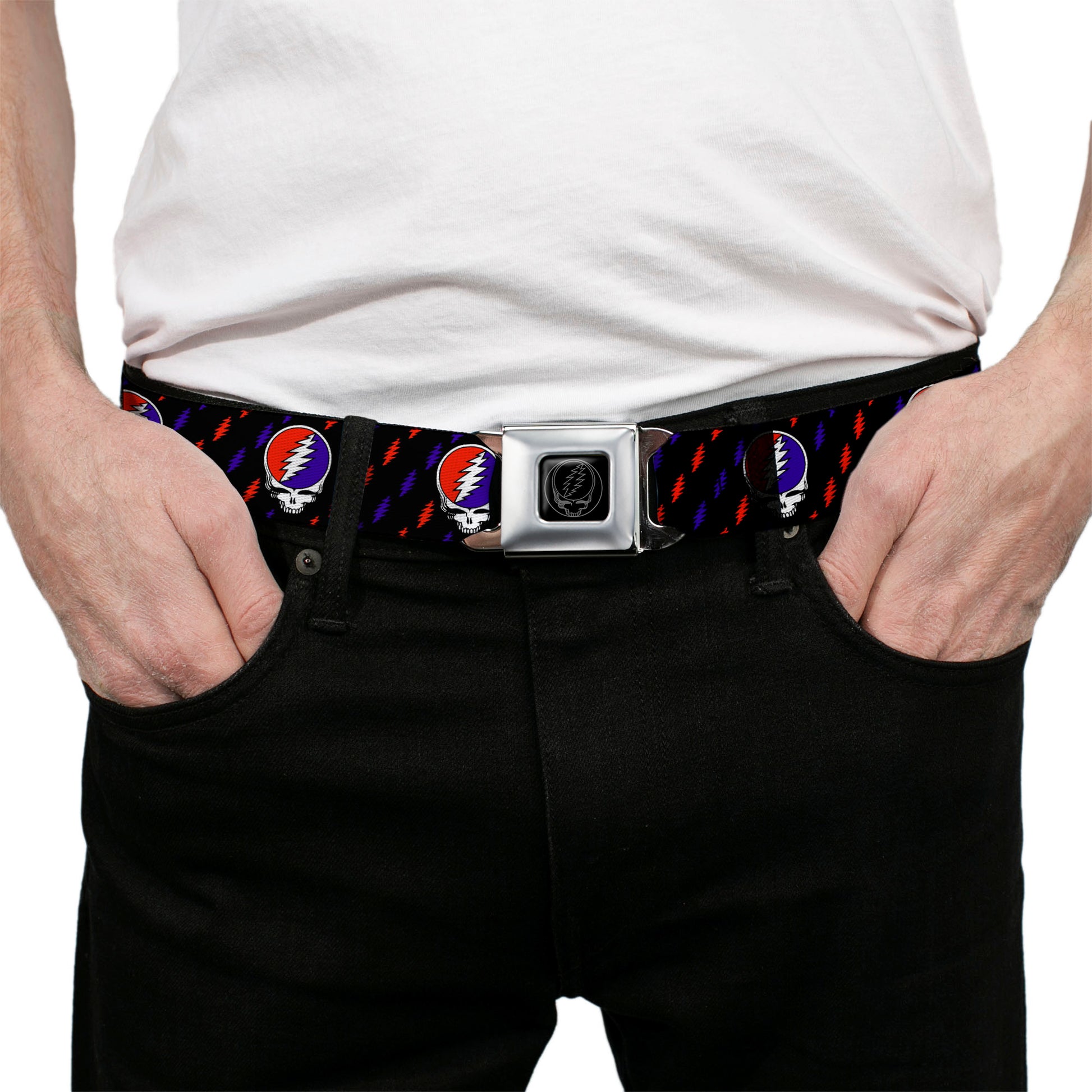 Steal Your Face Seatbelt Belt - Steal Your Face Repeat w/Mini Lightning Bolt Black/Red/White/Blue Webbing Seatbelt Belts Grateful Dead