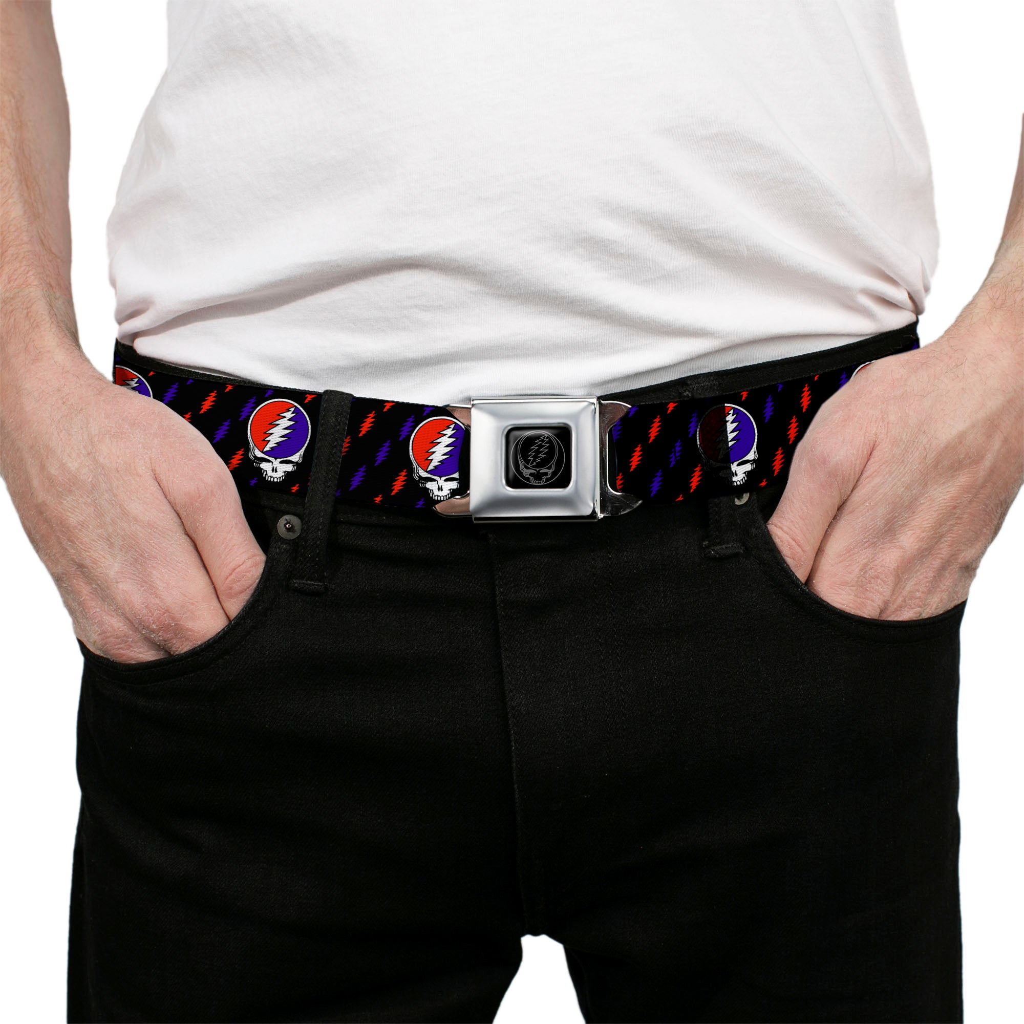 Steal Your Face Seatbelt Belt - Steal Your Face Repeat w/Mini Lightning Bolt Black/Red/White/Blue Webbing Seatbelt Belts Grateful Dead