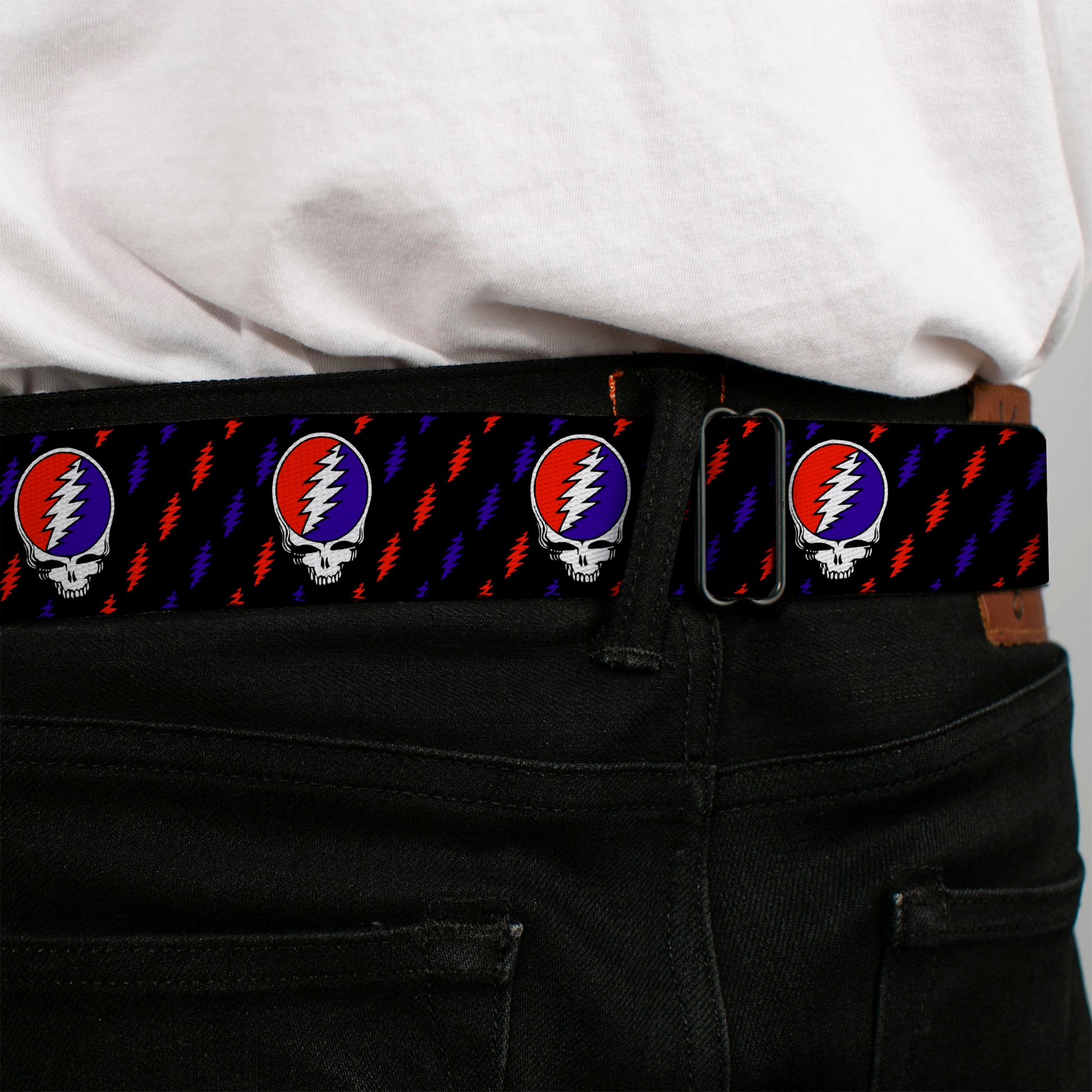Steal Your Face Seatbelt Belt - Steal Your Face Repeat w/Mini Lightning Bolt Black/Red/White/Blue Webbing Seatbelt Belts Grateful Dead