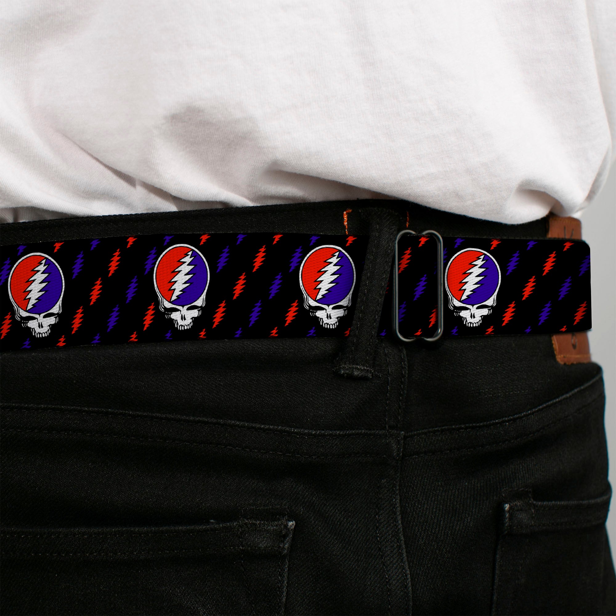 Steal Your Face Seatbelt Belt - Steal Your Face Repeat w/Mini Lightning Bolt Black/Red/White/Blue Webbing Seatbelt Belts Grateful Dead