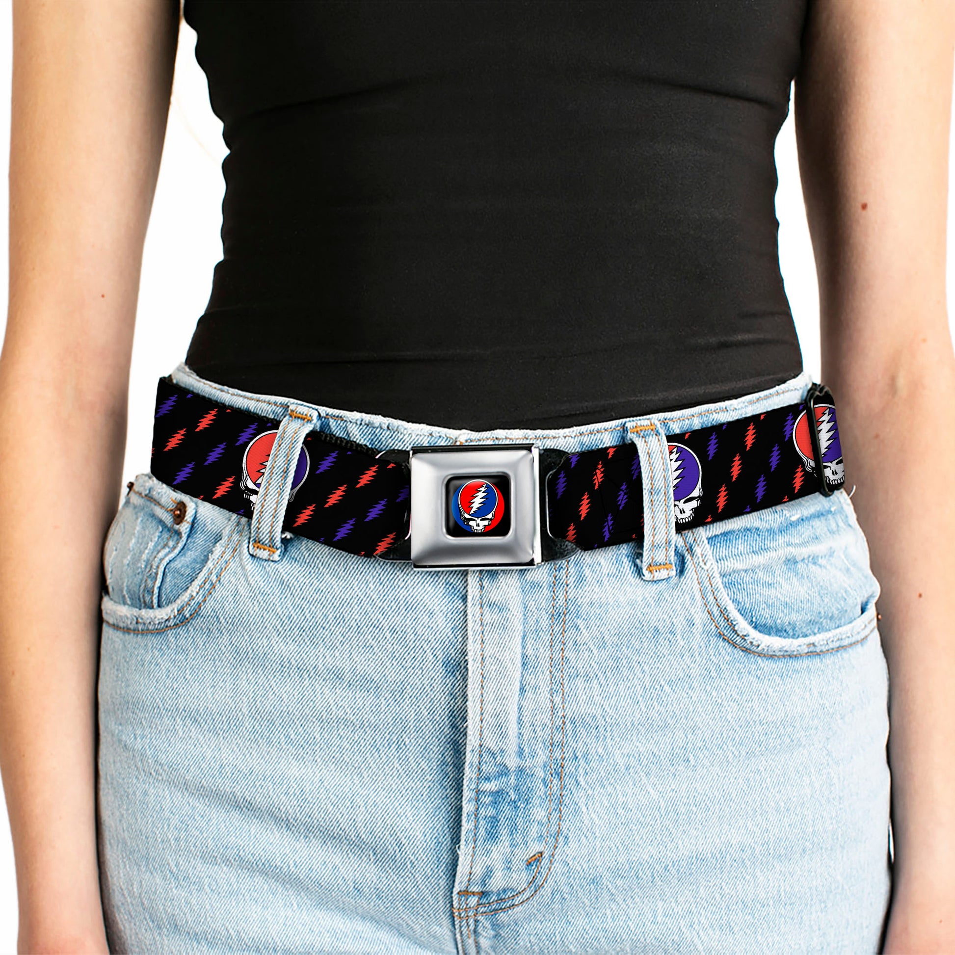 Steal Your Face Seatbelt Belt - Steal Your Face Repeat w/Mini Lightning Bolt Black/Red/White/Blue Webbing Seatbelt Belts Grateful Dead