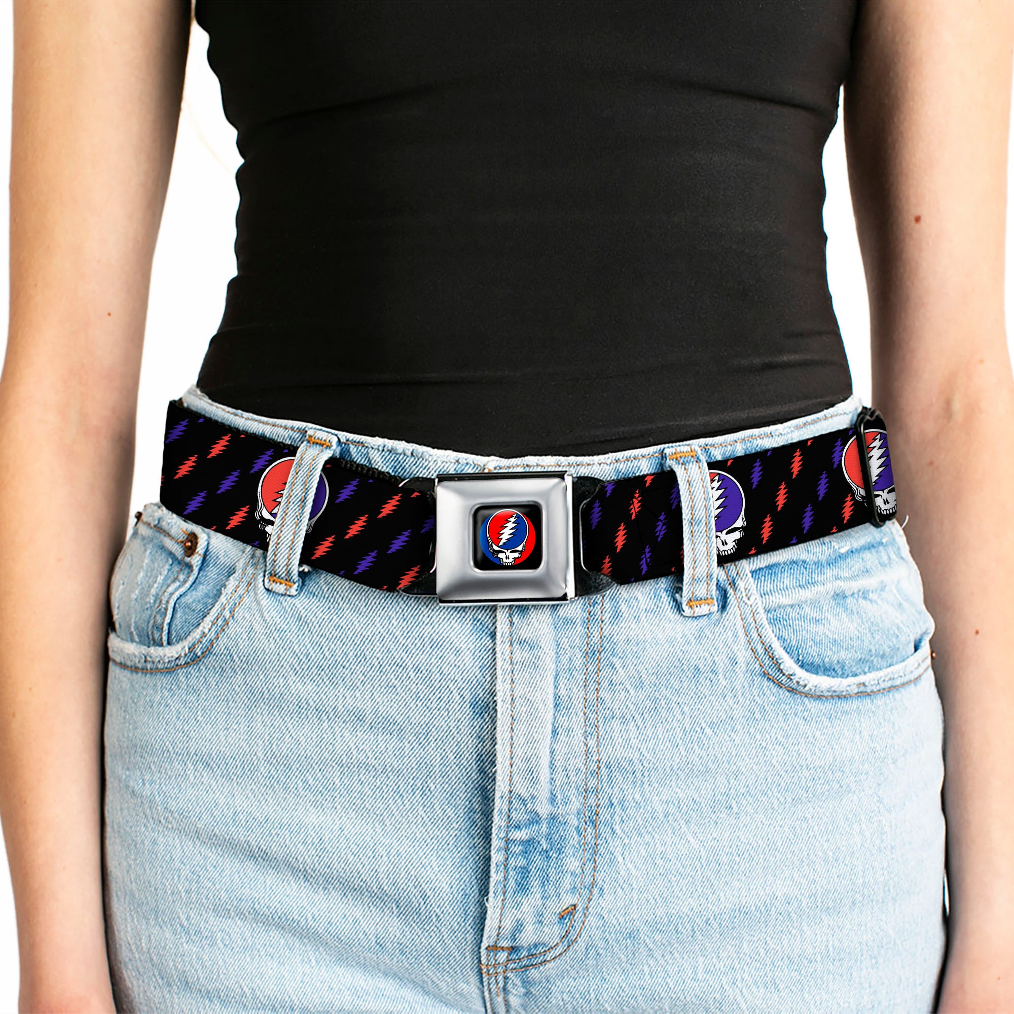 Steal Your Face Seatbelt Belt - Steal Your Face Repeat w/Mini Lightning Bolt Black/Red/White/Blue Webbing Seatbelt Belts Grateful Dead