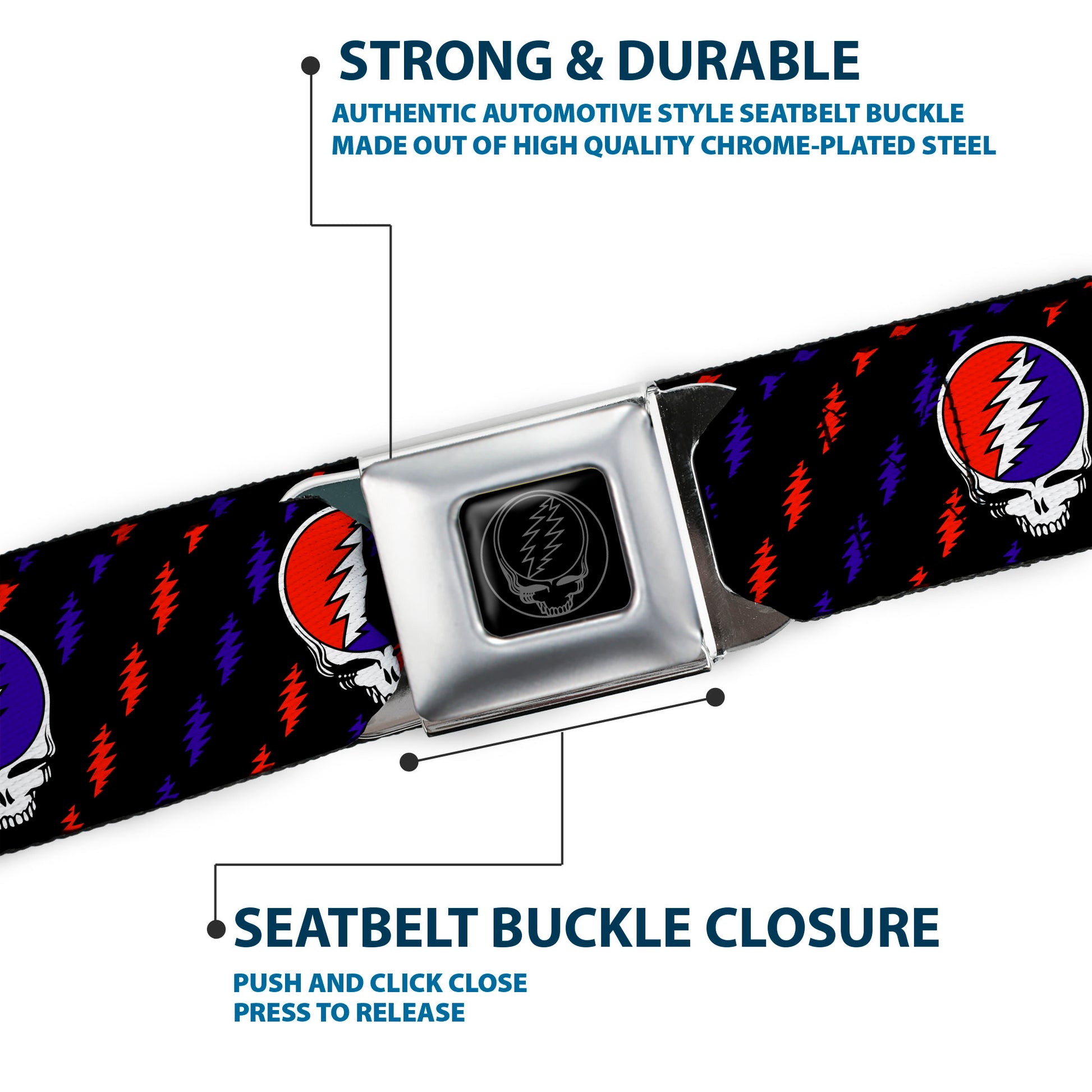 Steal Your Face Seatbelt Belt - Steal Your Face Repeat w/Mini Lightning Bolt Black/Red/White/Blue Webbing Seatbelt Belts Grateful Dead