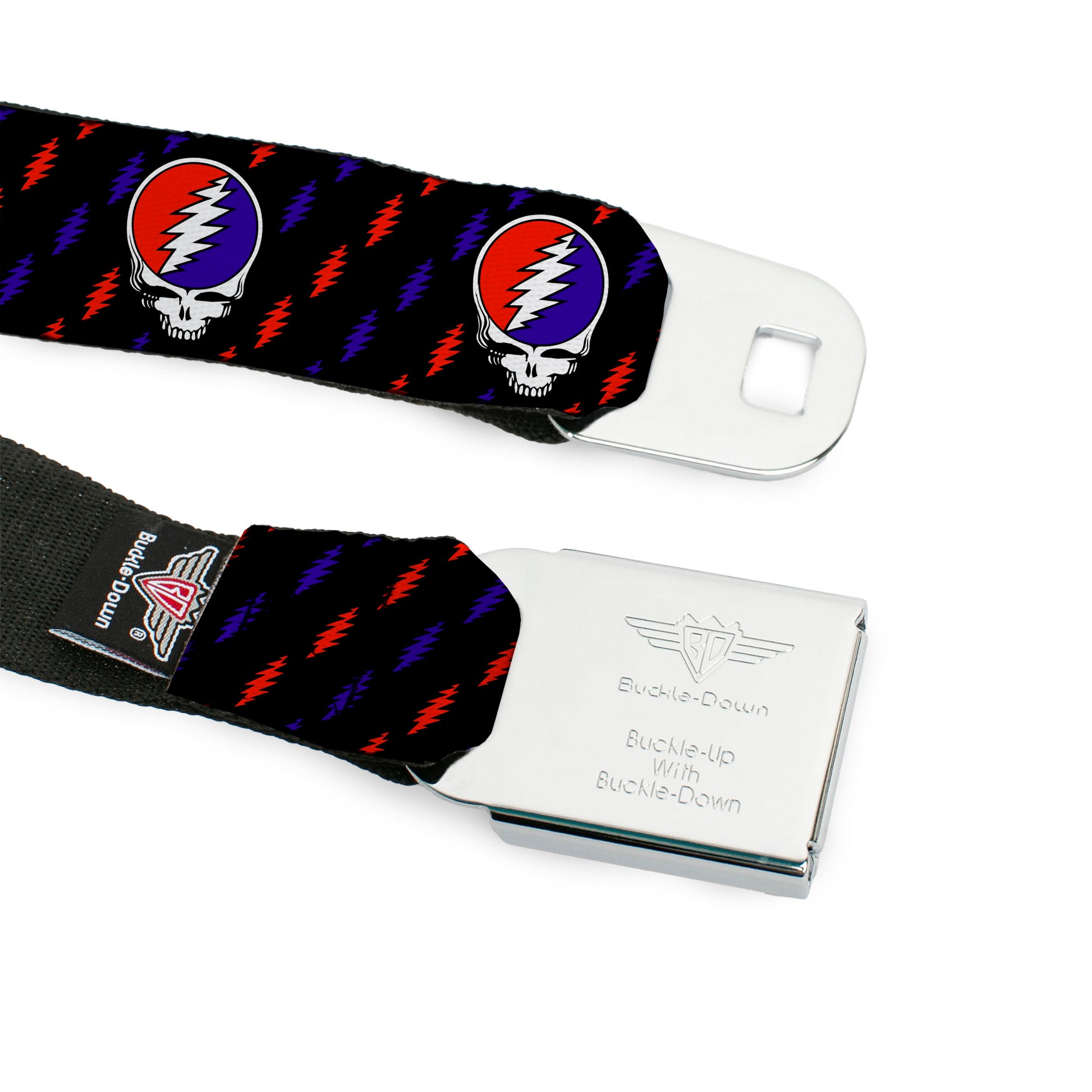 Steal Your Face Seatbelt Belt - Steal Your Face Repeat w/Mini Lightning Bolt Black/Red/White/Blue Webbing Seatbelt Belts Grateful Dead