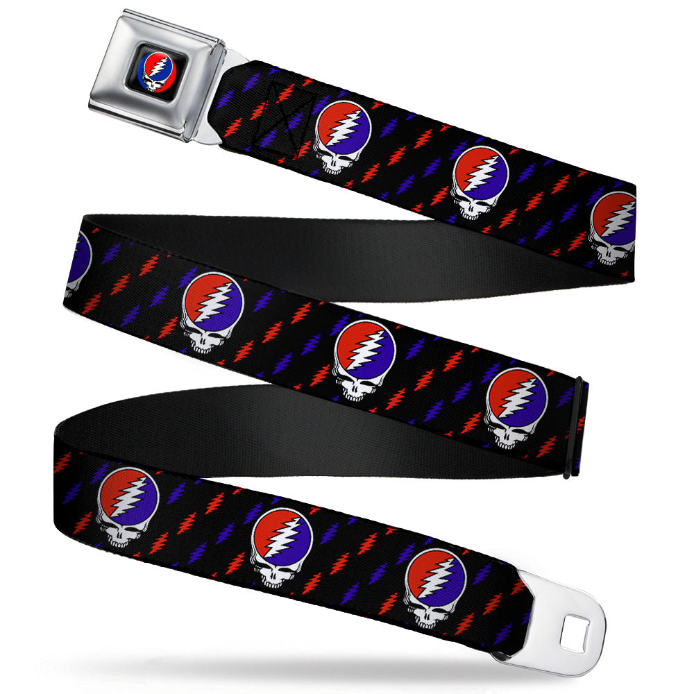 Steal Your Face Seatbelt Belt - Steal Your Face Repeat w/Mini Lightning Bolt Black/Red/White/Blue Webbing Seatbelt Belts Grateful Dead
