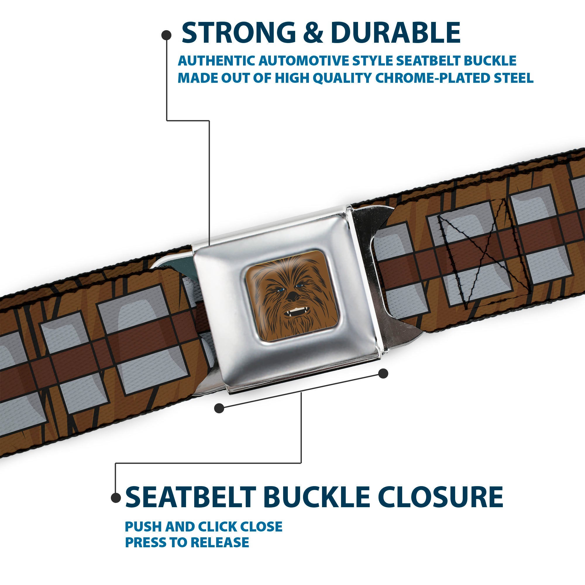 Star Wars Chewbacca Face CLOSE-UP Full Color Brown Seatbelt Belt - Star Wars Chewbacca Bandolier Bounding Browns/Gray Webbing Seatbelt Belts Star Wars