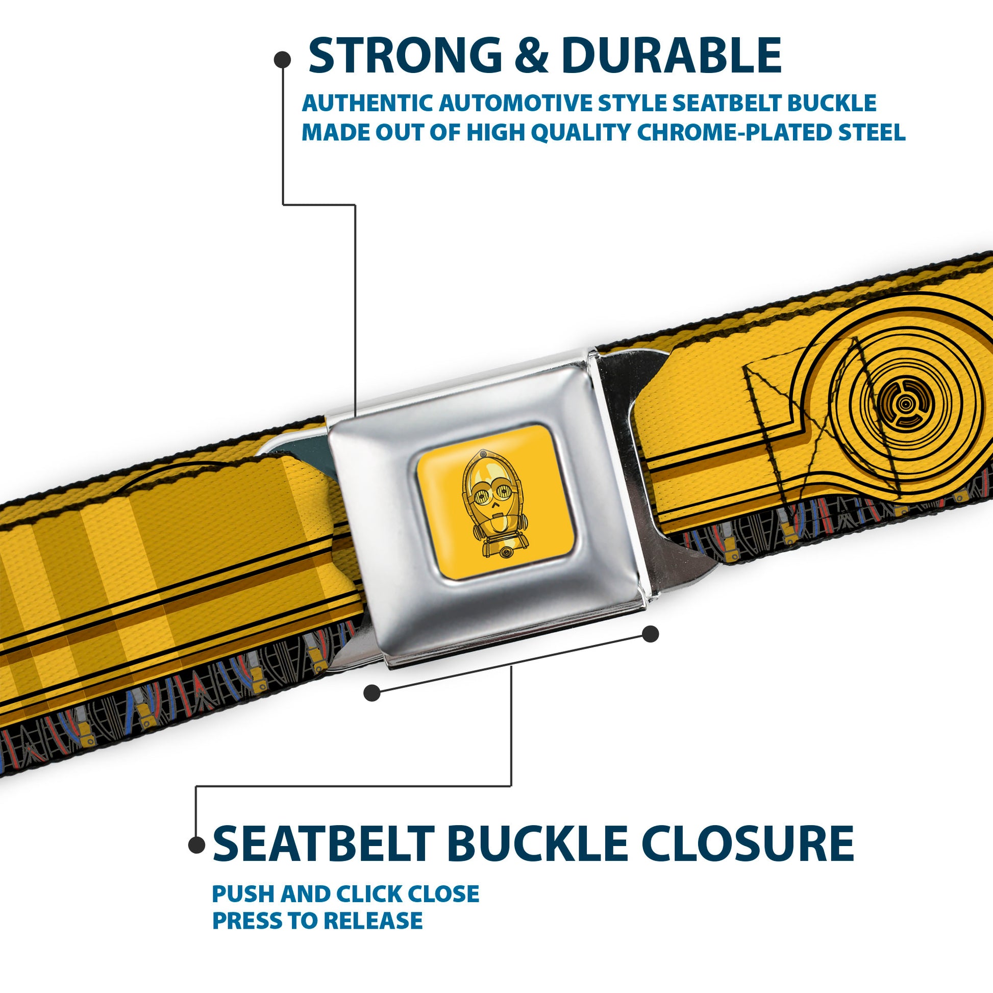 C3-PO Face Full Color Yellows/Black Seatbelt Belt - Star Wars C3-PO Wires Bounding2 Yellows/Black/Multi Color Webbing Seatbelt Belts Star Wars