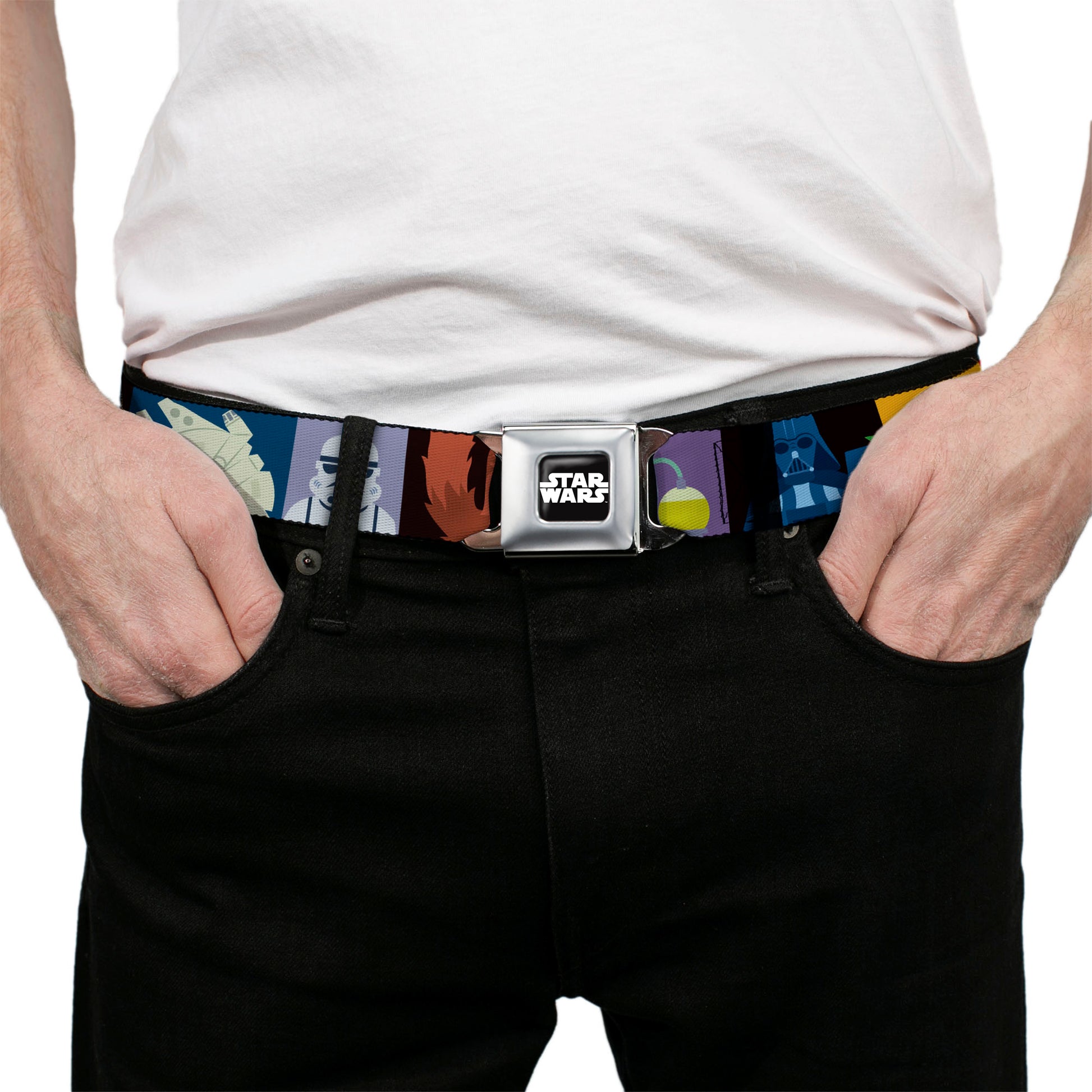 STAR WARS Logo Full Color Black/White Seatbelt Belt - Star Wars Classic 16-Character Pose Blocks Multi Color Webbing Seatbelt Belts Star Wars