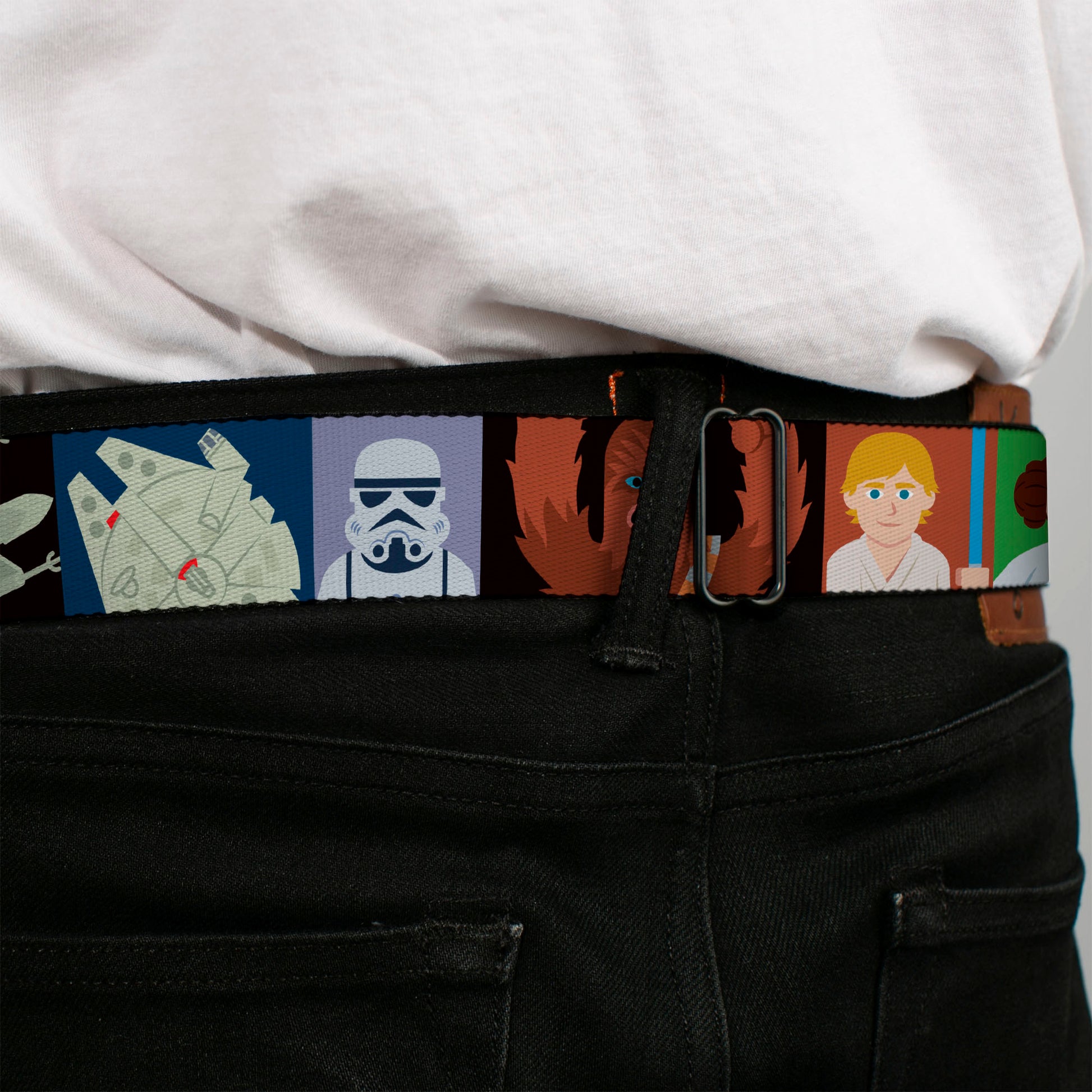 STAR WARS Logo Full Color Black/White Seatbelt Belt - Star Wars Classic 16-Character Pose Blocks Multi Color Webbing Seatbelt Belts Star Wars