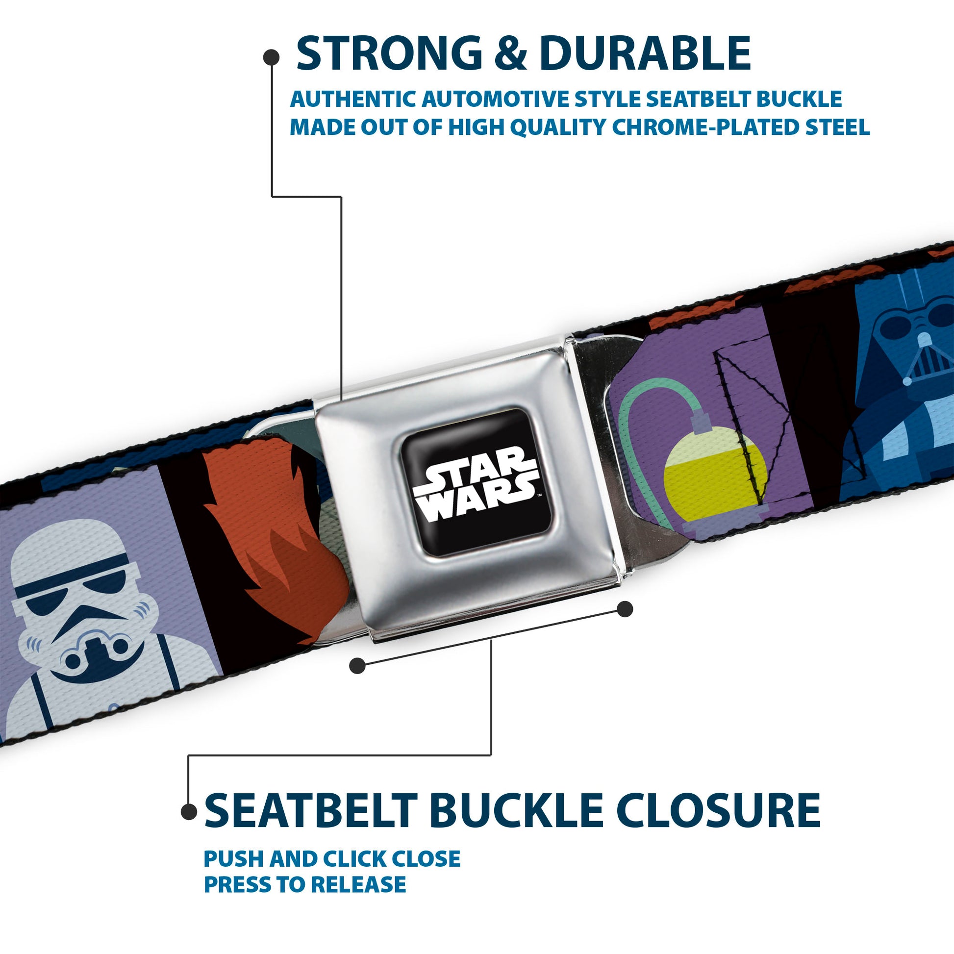 STAR WARS Logo Full Color Black/White Seatbelt Belt - Star Wars Classic 16-Character Pose Blocks Multi Color Webbing Seatbelt Belts Star Wars
