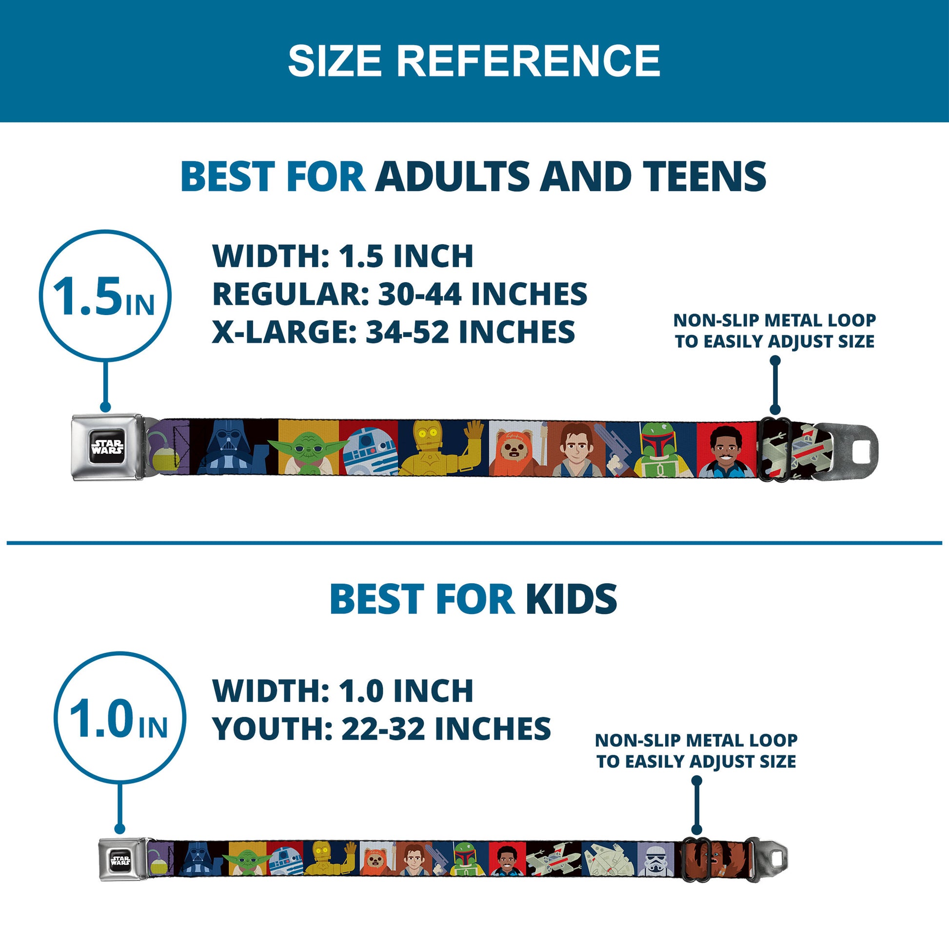 STAR WARS Logo Full Color Black/White Seatbelt Belt - Star Wars Classic 16-Character Pose Blocks Multi Color Webbing Seatbelt Belts Star Wars