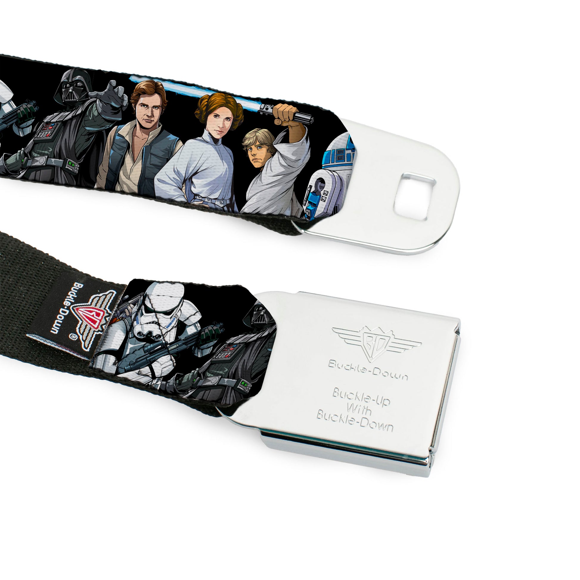 STAR WARS Logo Full Color Black/White Seatbelt Belt - Star Wars Classic Character Poses Black Webbing Seatbelt Belts Star Wars