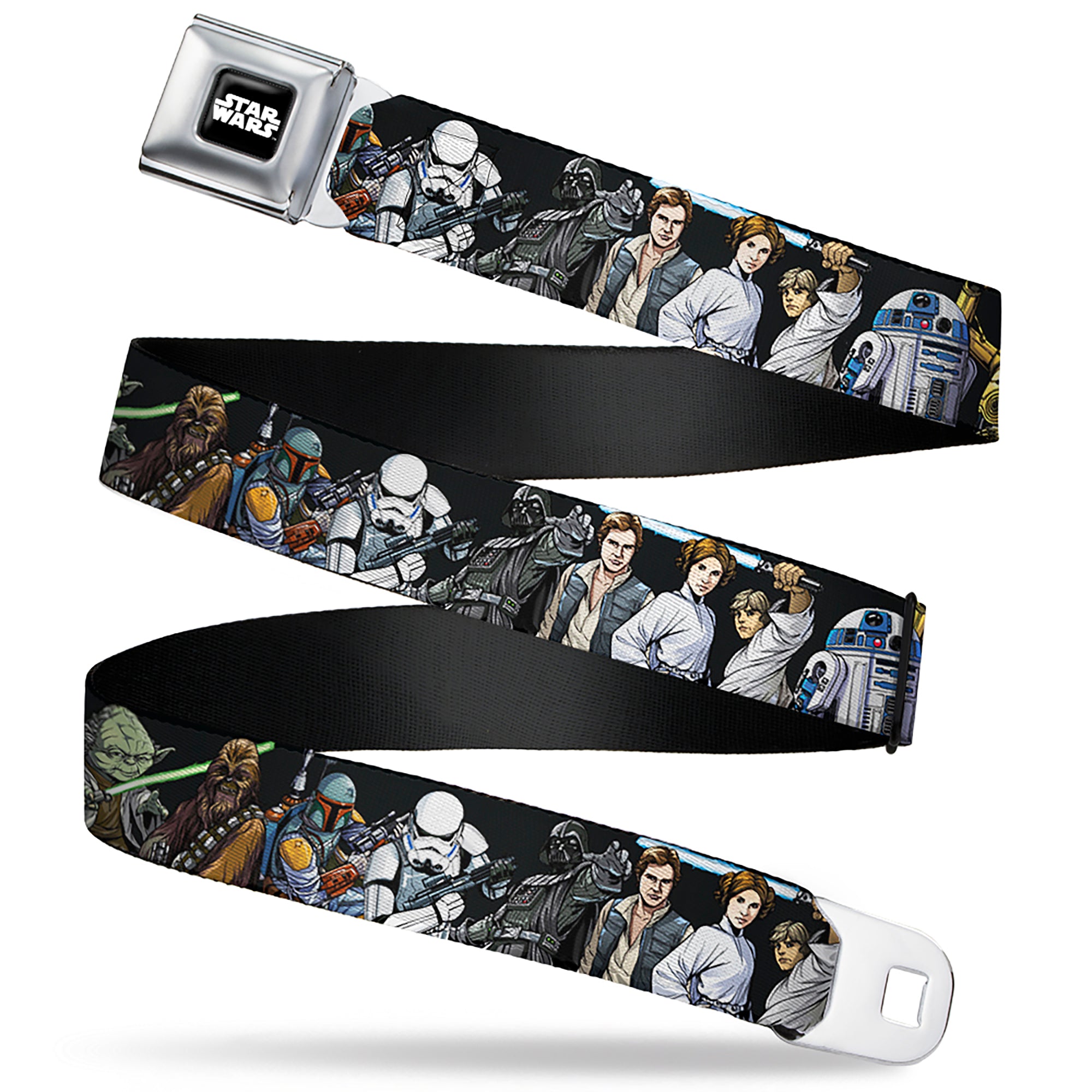 STAR WARS Logo Full Color Black/White Seatbelt Belt - Star Wars Classic Character Poses Black Webbing Seatbelt Belts Star Wars
