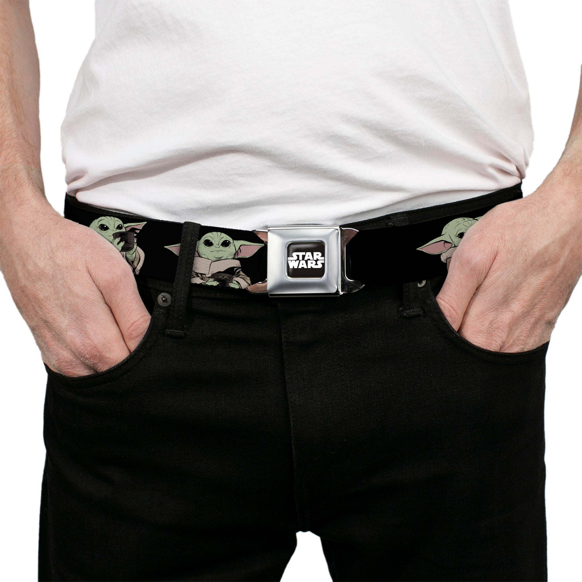 STAR WARS Title Logo Full Color Black/White Seatbelt Belt - Star Wars The Mandalorian The Child Grogu Sipping Soup Poses Black Webbing