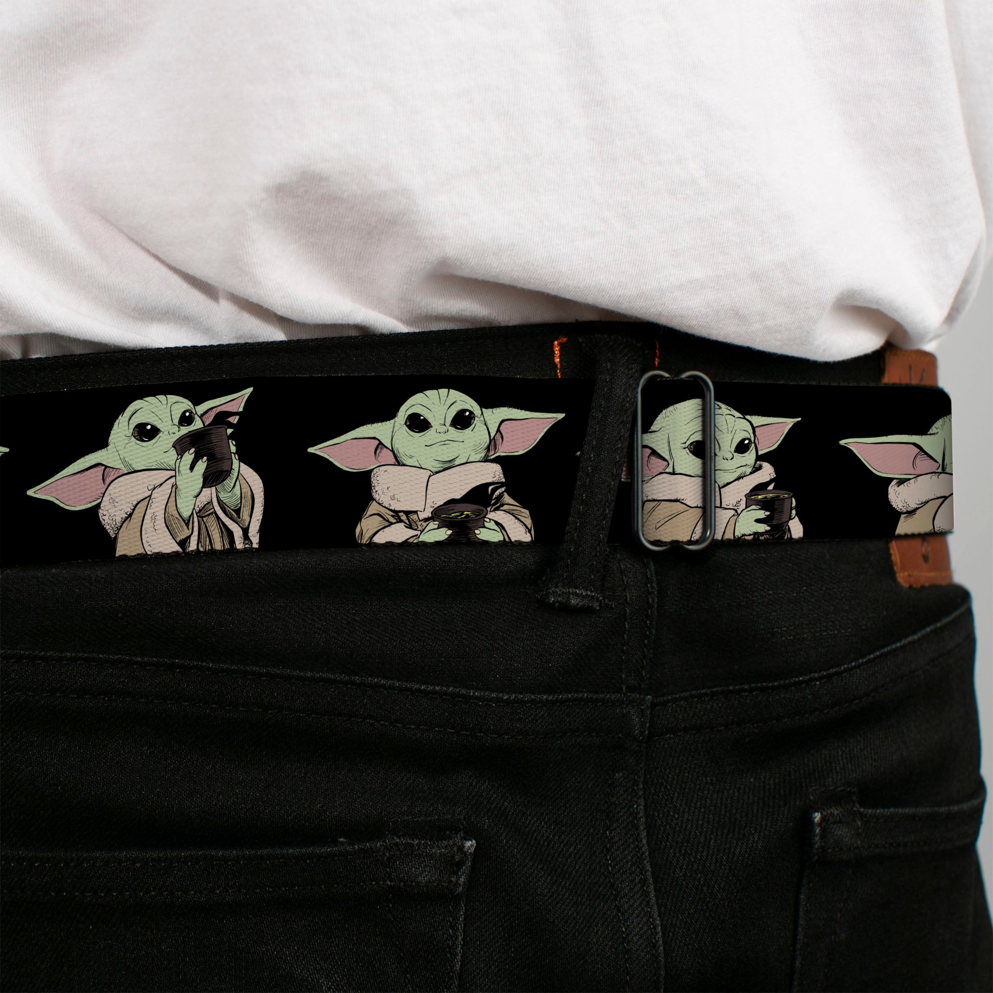 STAR WARS Title Logo Full Color Black/White Seatbelt Belt - Star Wars The Mandalorian The Child Grogu Sipping Soup Poses Black Webbing